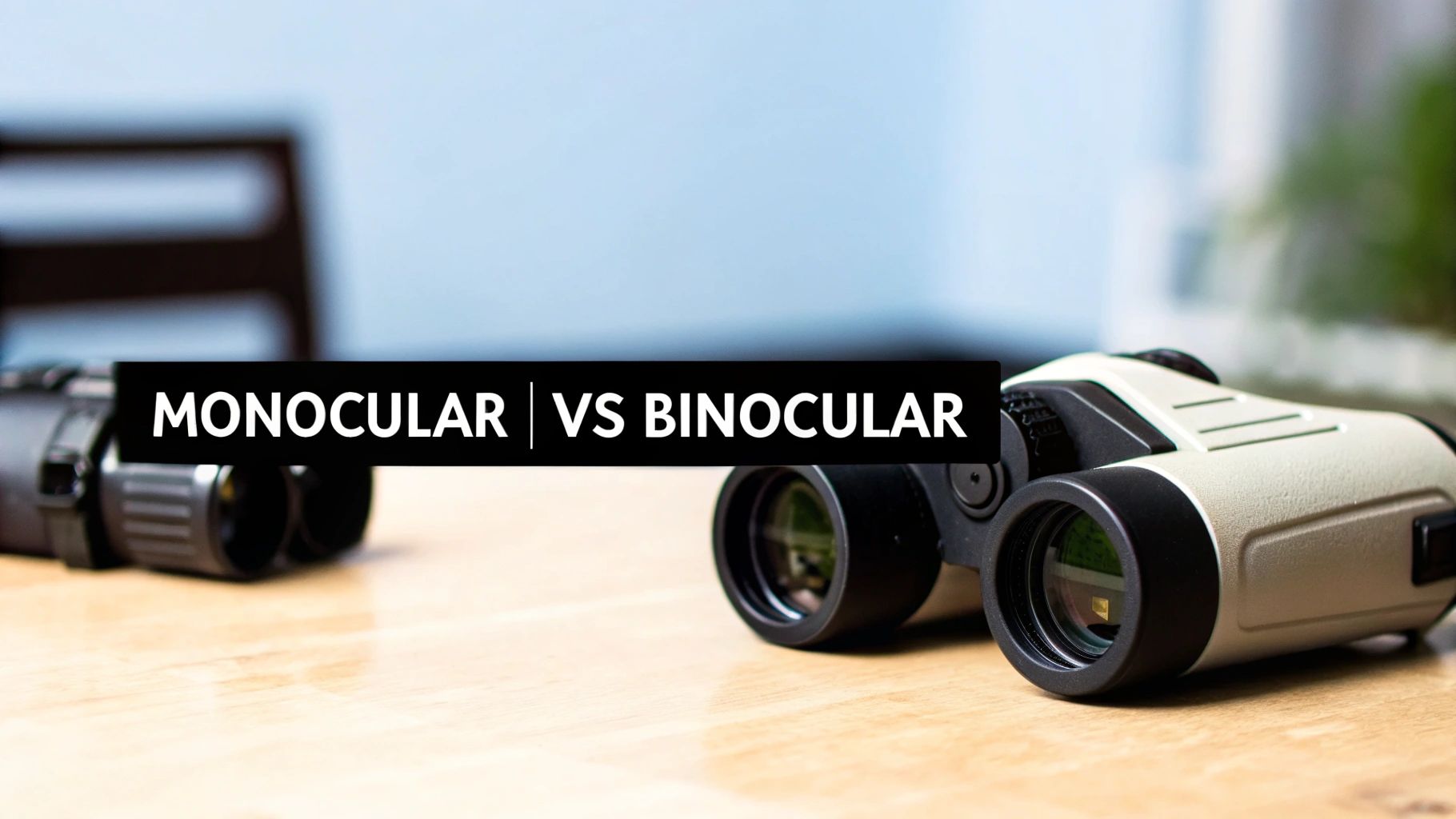 Two pairs of binoculars, dark and light-colored, on a wooden table, illustrating a monocular versus binocular comparison.