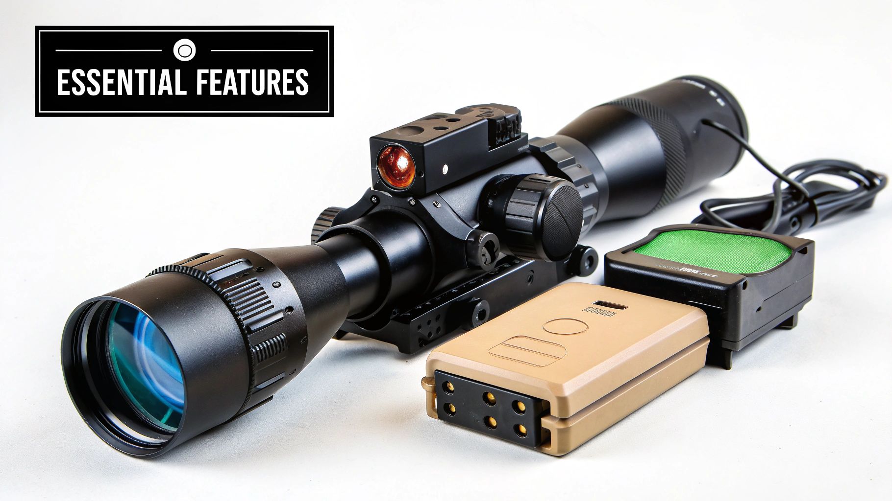 A close-up view through a night vision scope, showing the detailed display and reticle.