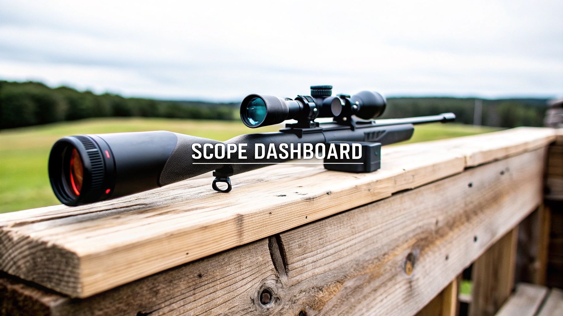 A black rifle with a mounted scope and 'SCOPE DASHBOARD' text, resting on a rustic wooden railing outdoors.