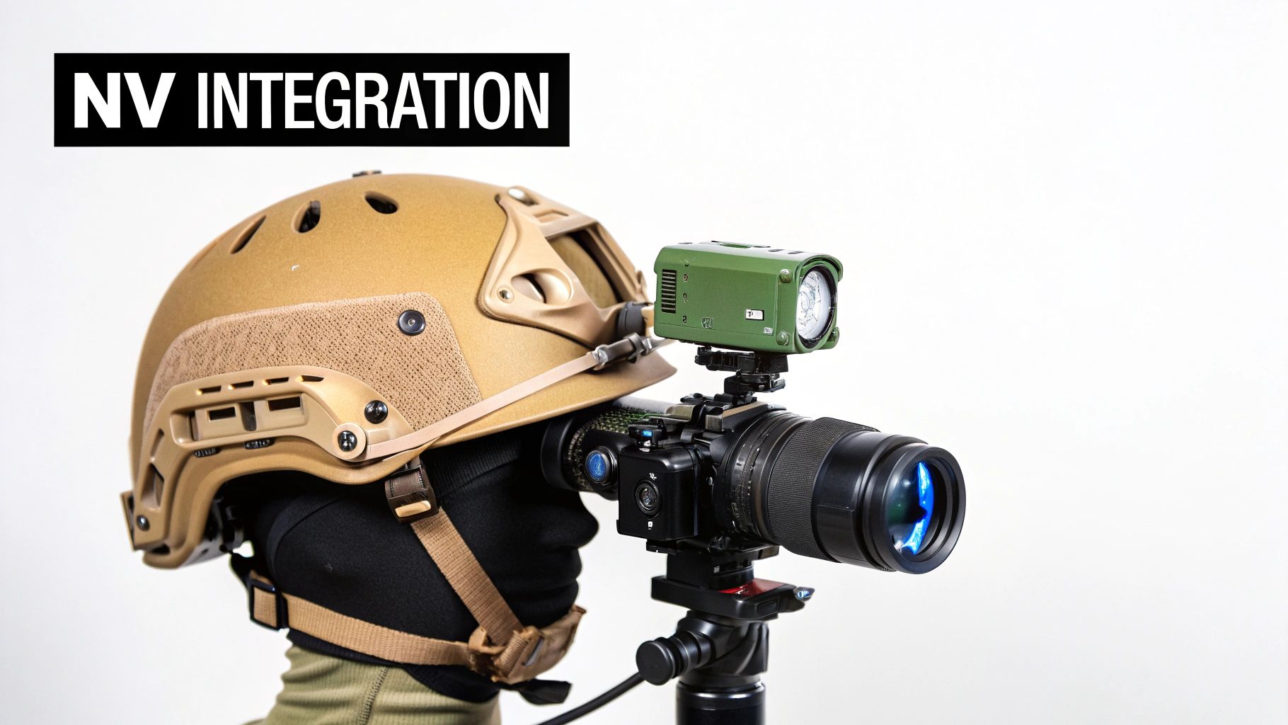 A tan tactical helmet with a green night vision device mounted on a camera lens setup.