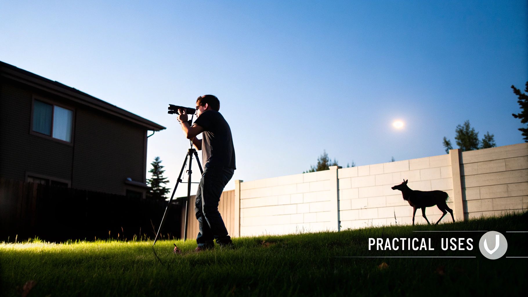 A photographer uses a camera on a tripod to capture a deer silhouette at dusk.