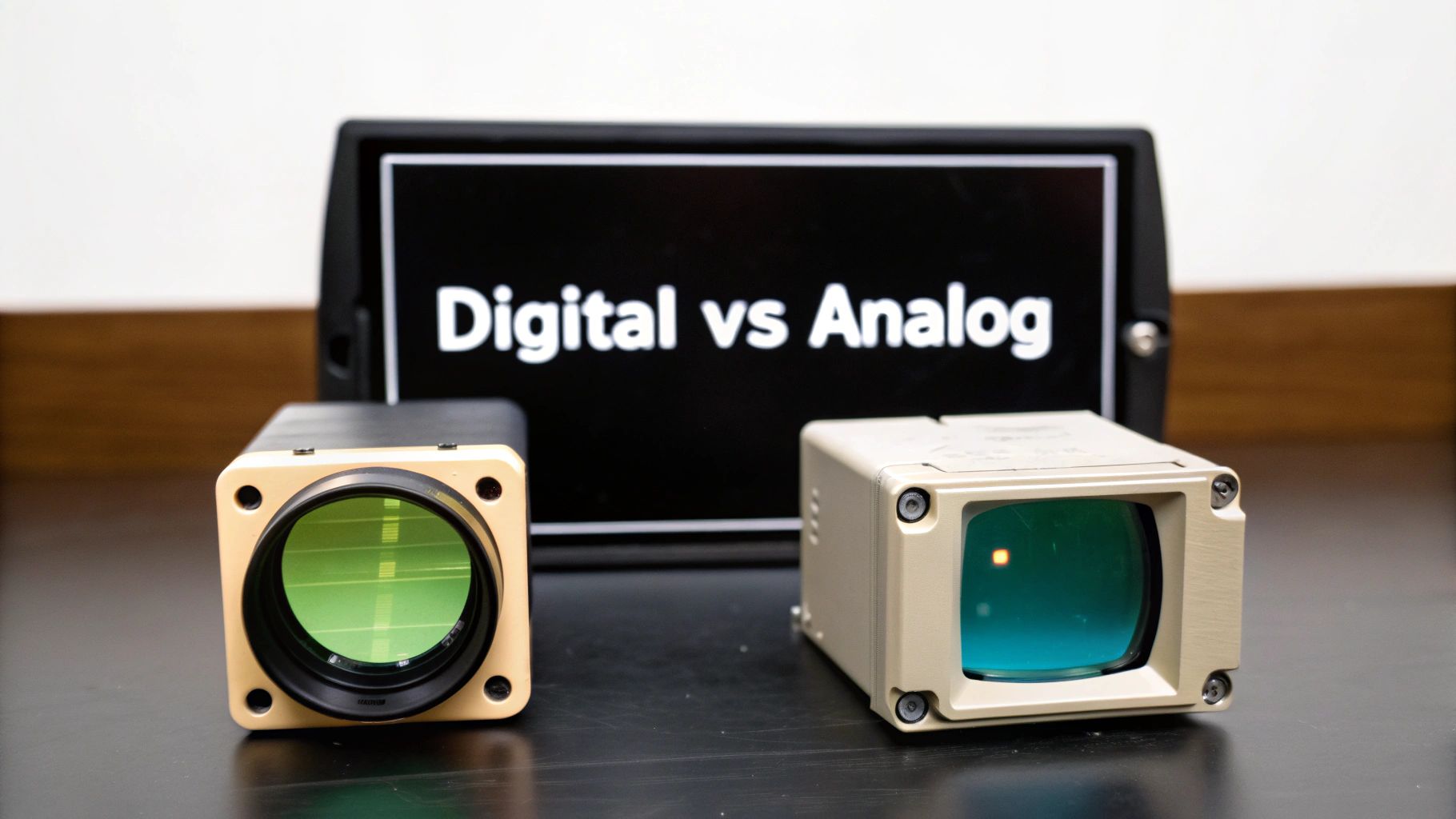 Two optical devices, one with a green lens, in front of a screen displaying 'Digital vs Analog'.