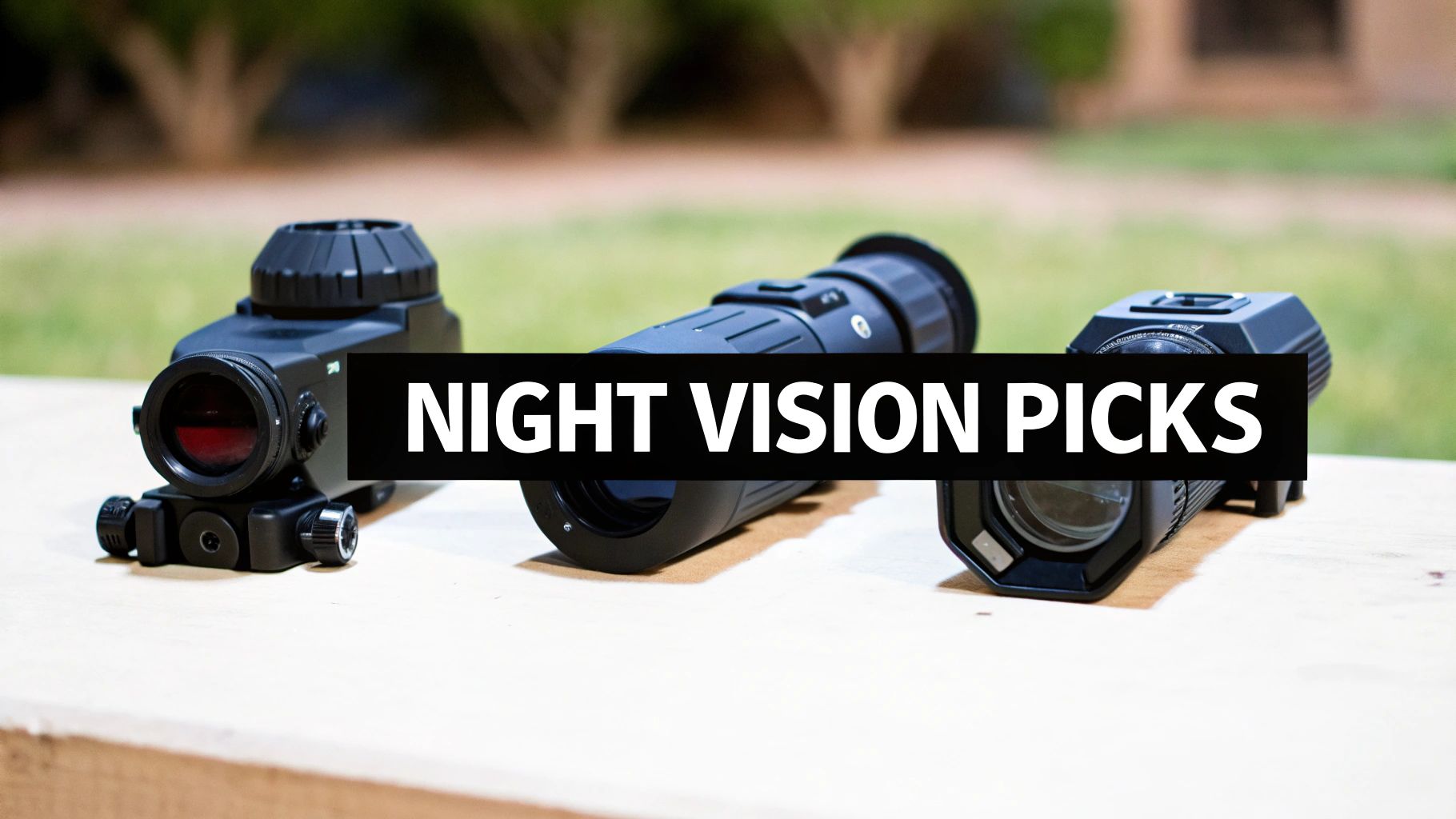 A hunter using a night vision scope in a dark field, scanning the horizon.