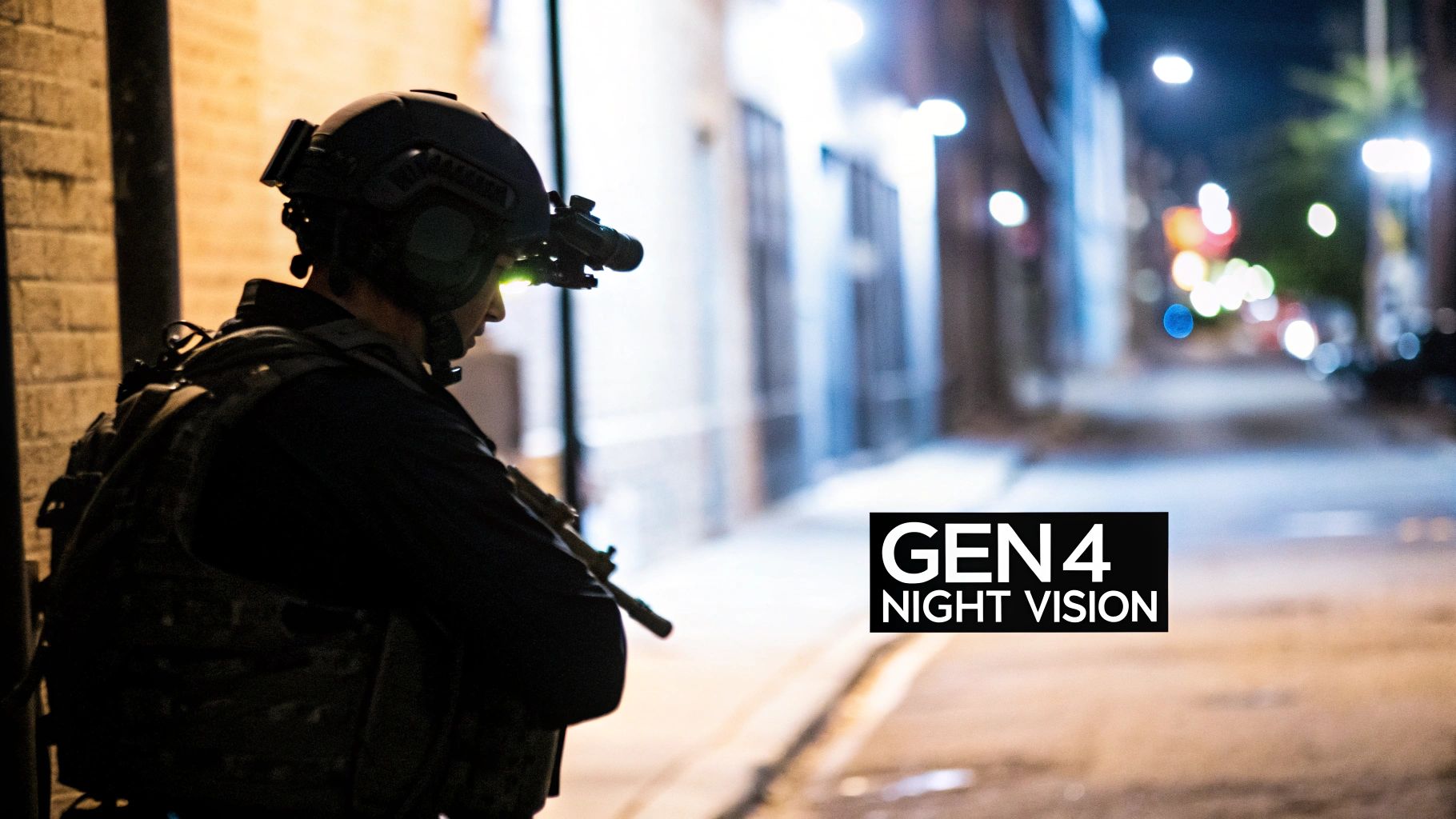 A tactical operator wearing a helmet with Gen 4 night vision goggles on a dark street.