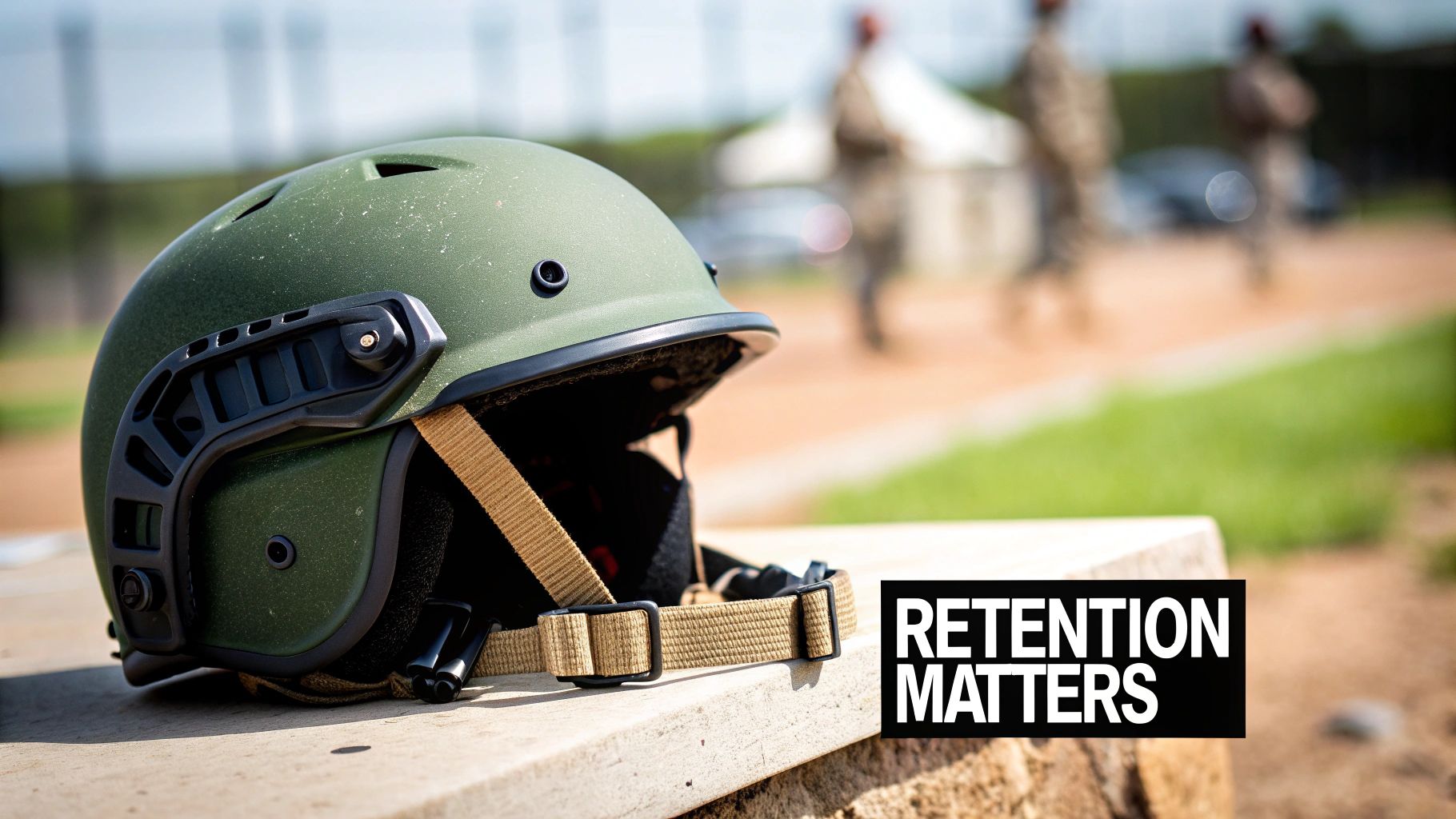A green military helmet with chin strap rests on a bench outdoors, with 'RETENTION MATTERS' text.