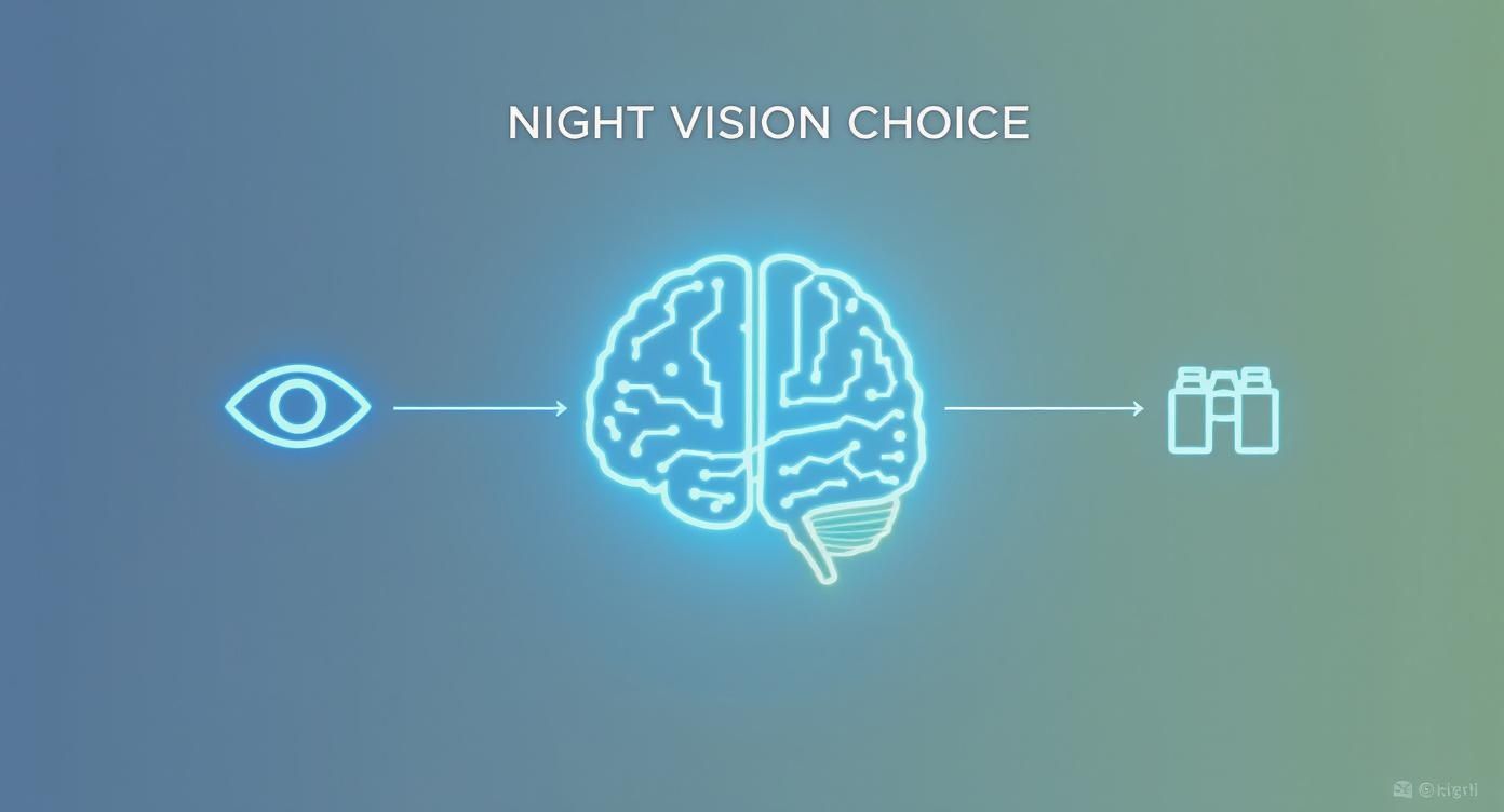 A diagram showing an eye, a glowing brain, and binoculars connected by arrows, illustrating night vision choice.