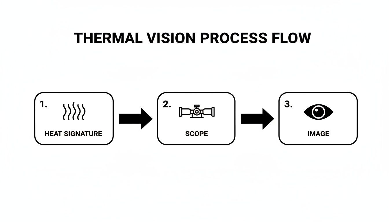 A diagram illustrating the thermal vision process flow from heat signature to image via a scope.