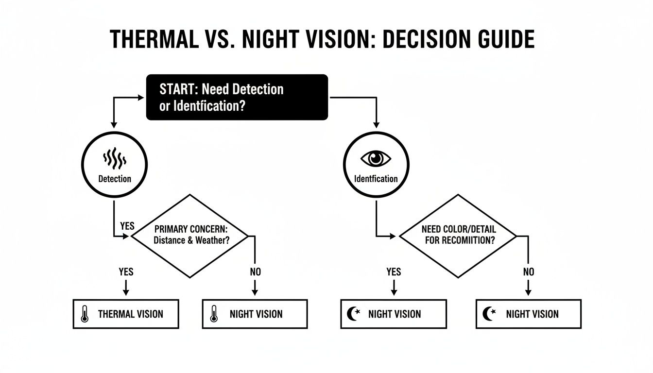 A flowchart decision guide comparing thermal vision and night vision uses based on detection or identification needs.