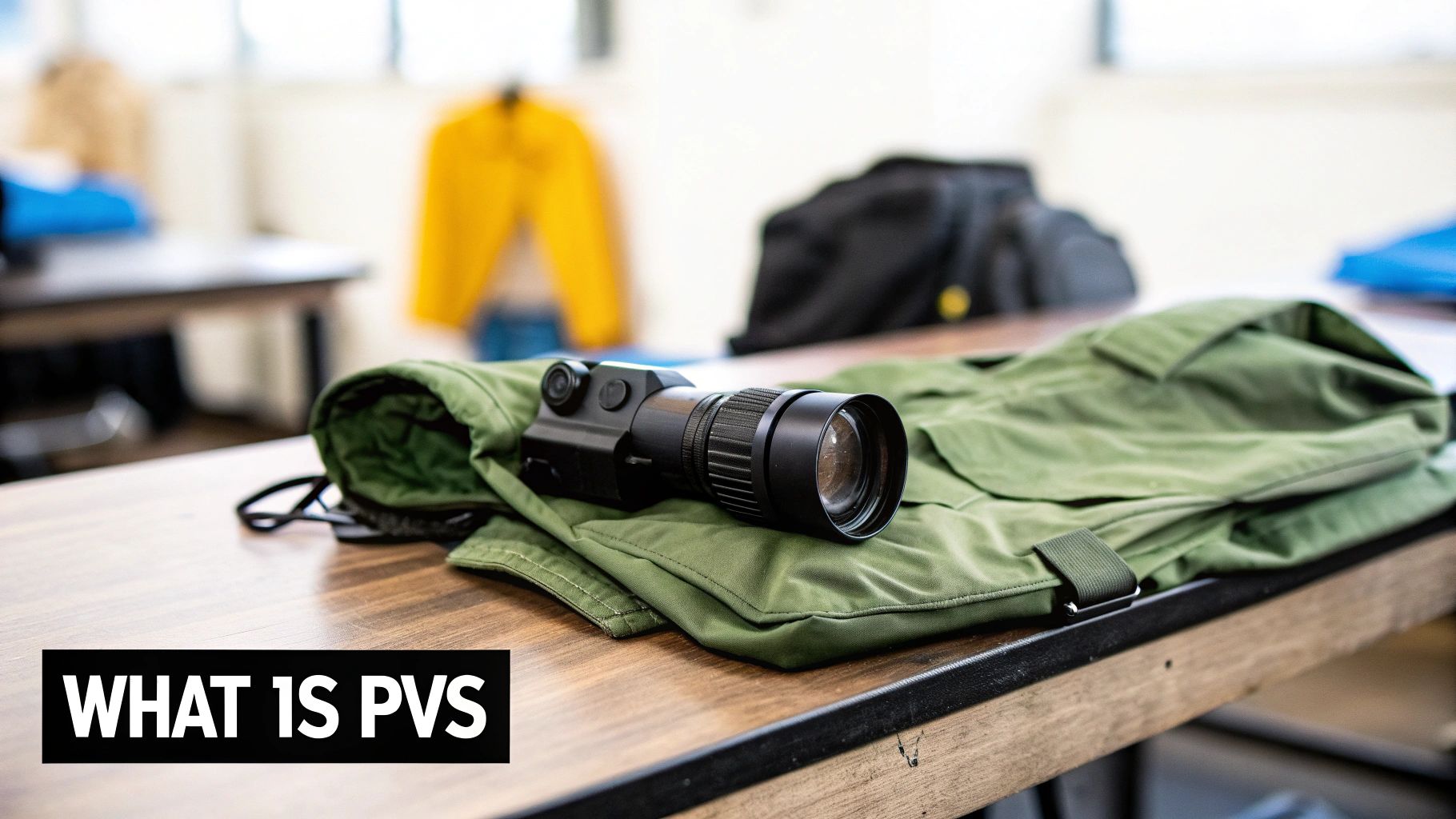 A black night vision monocular rests on a green tactical vest on a wooden table.