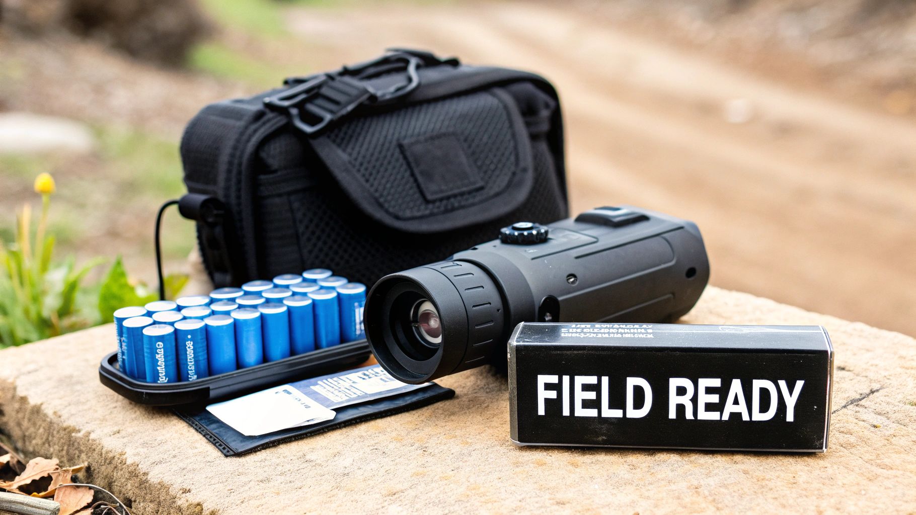 A black thermal imaging monocular, batteries, and case are displayed outdoors, ready for use.