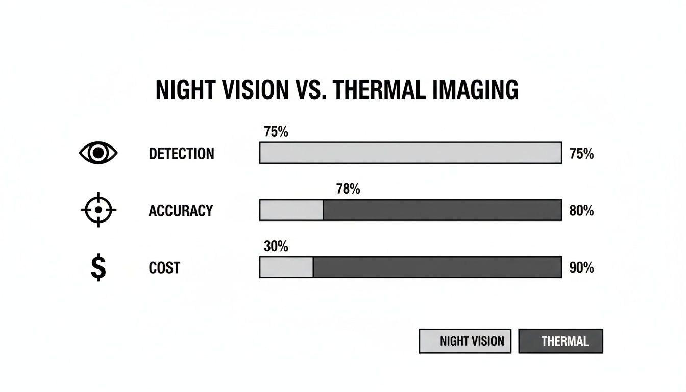 Bar chart comparing night vision versus thermal imaging for detection, accuracy, and cost.