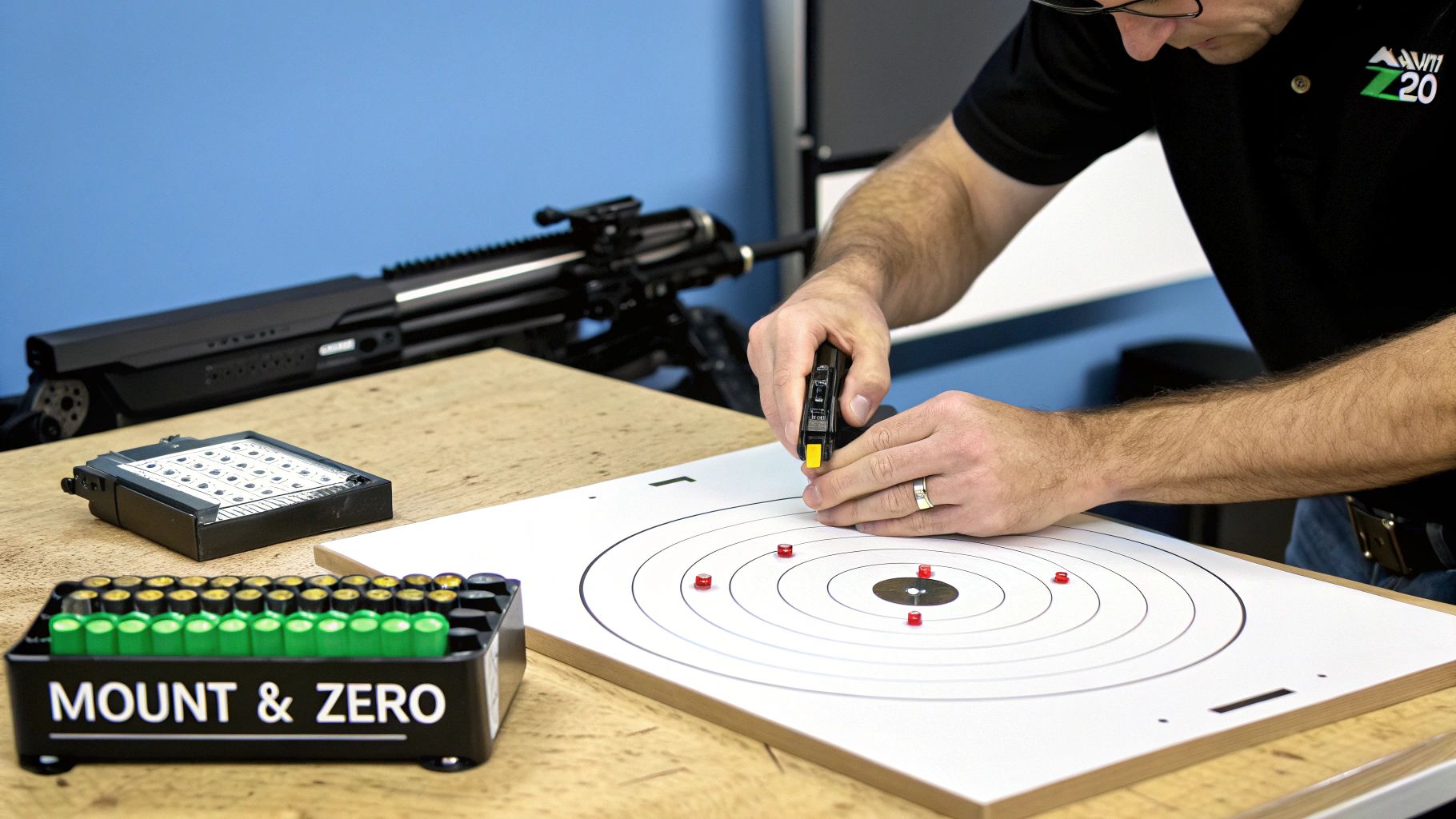 A person uses a small device to mark points on a shooting target with a rifle in the background.