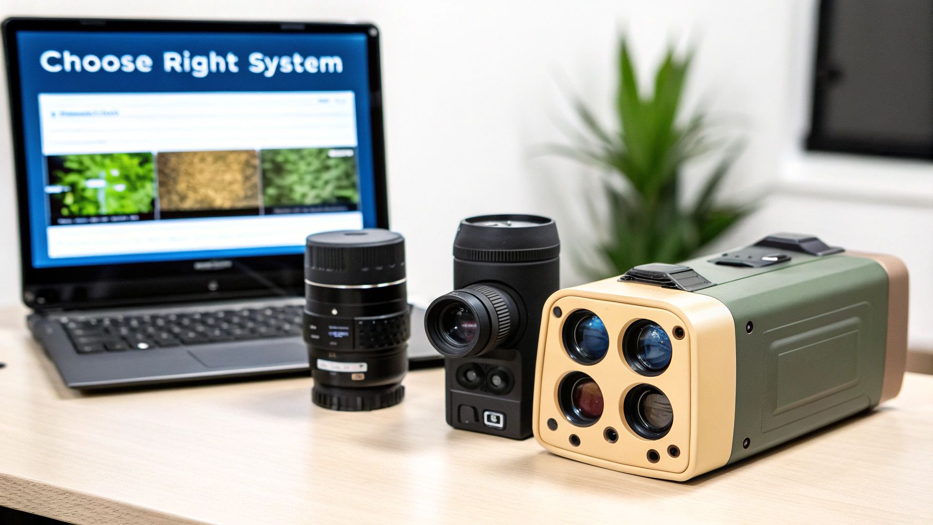 A laptop displays 'Choose Right System' next to three advanced camera lenses and sensors on a wooden desk.