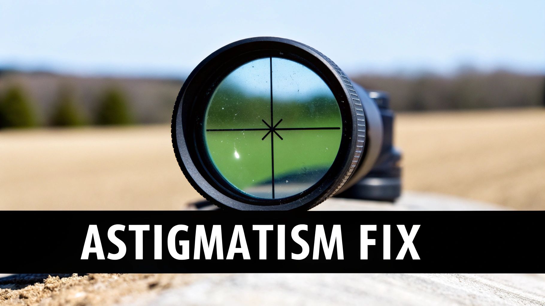 A close-up view through a rifle scope's reticle, aimed at a green field, with 'ASTIGMATISM FIX' text.