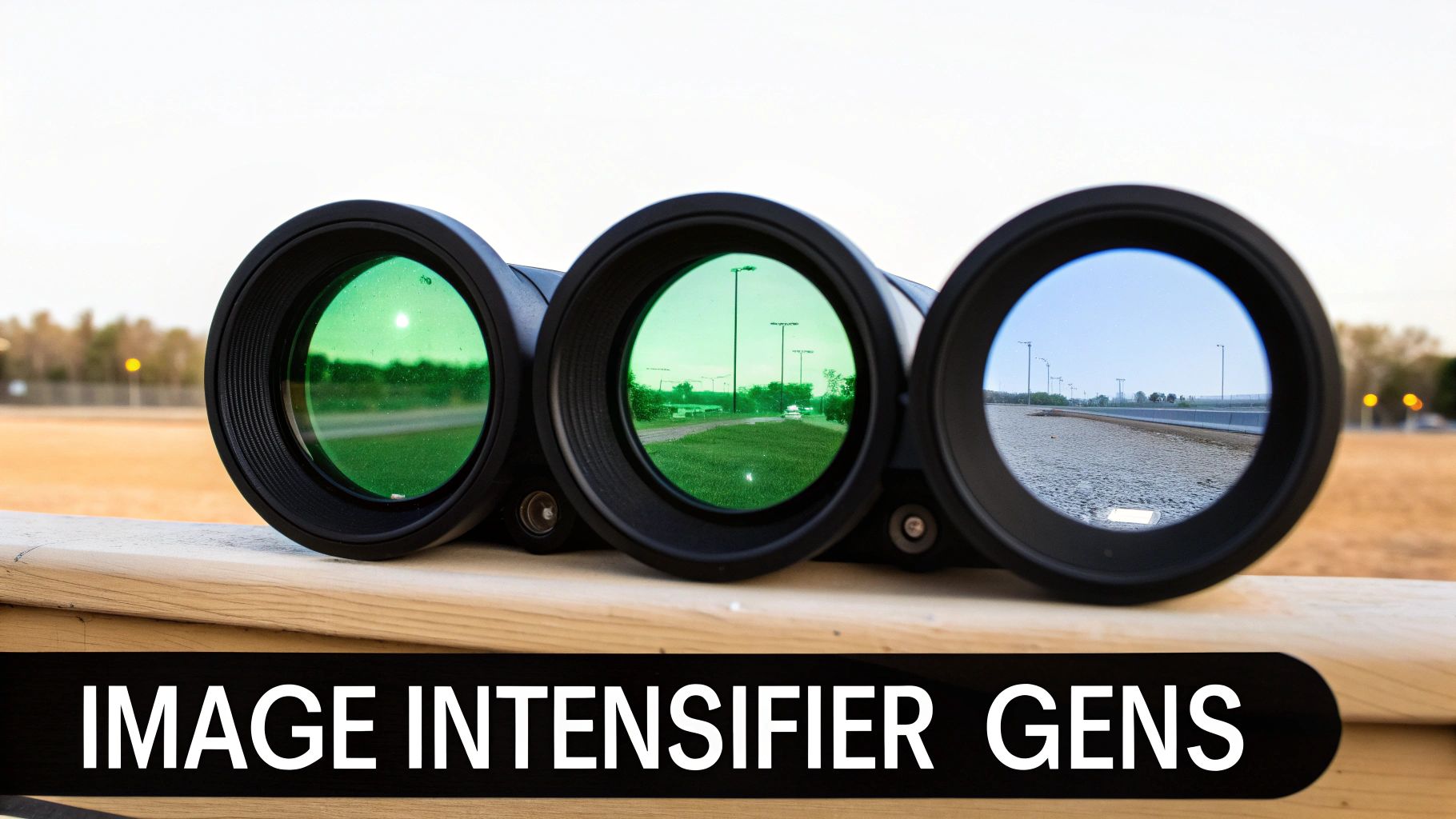 Three image intensifier lenses, two green and one blue, displaying different views of an outdoor area with streetlights.