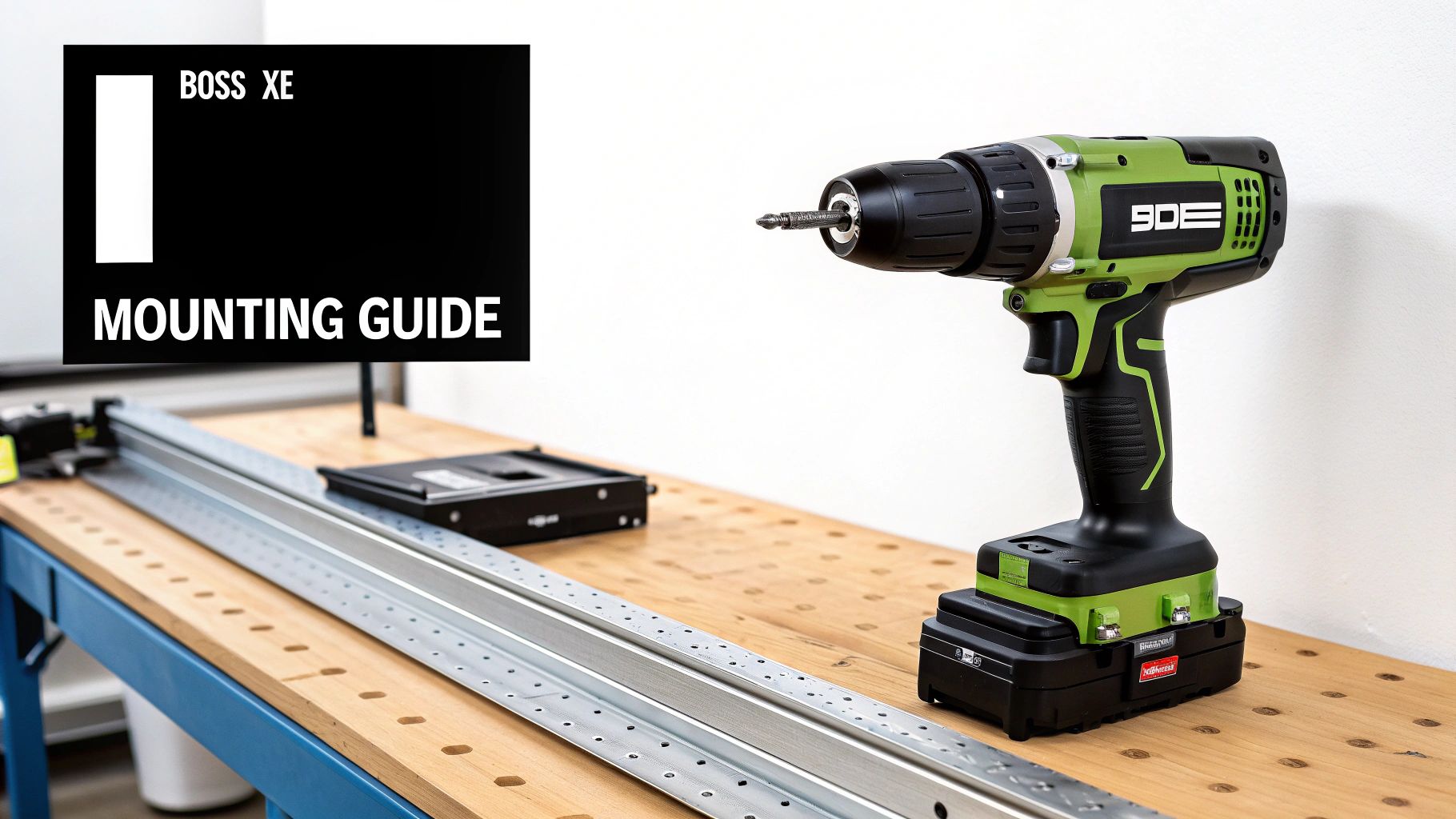 A cordless drill and a sign for a 'BOSS XE MOUNTING GUIDE' on a workshop bench.