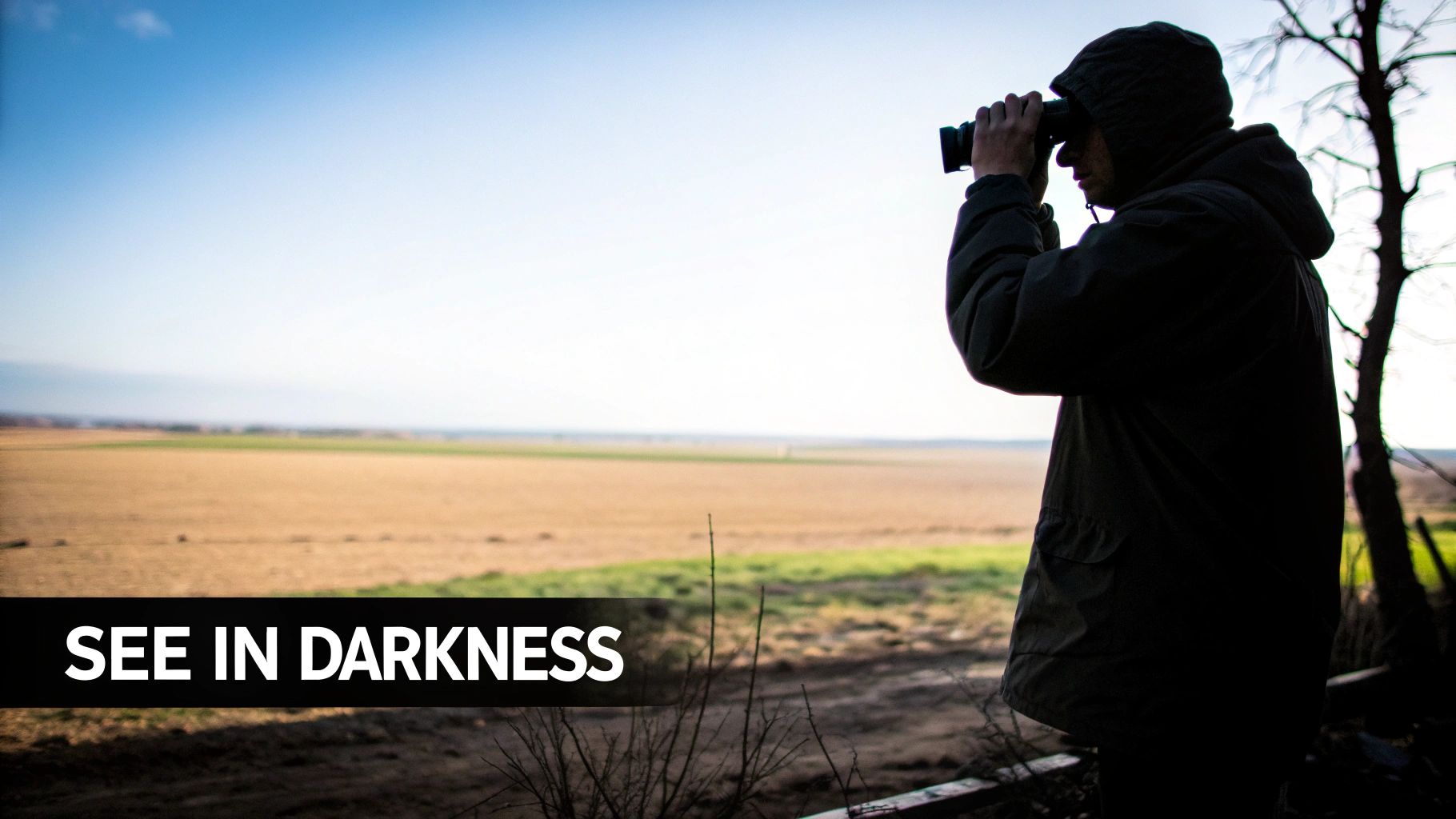 A silhouetted figure in a hood and jacket uses binoculars to observe a wide outdoor field.