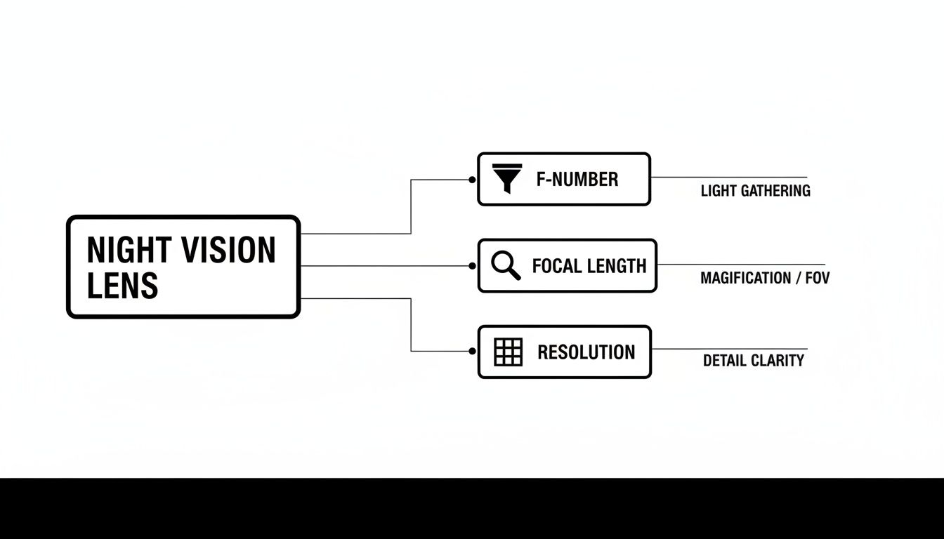 A diagram illustrating Night Vision Lens properties: F-Number for light gathering, Focal Length for magnification/FOV, and Resolution for detail clarity.