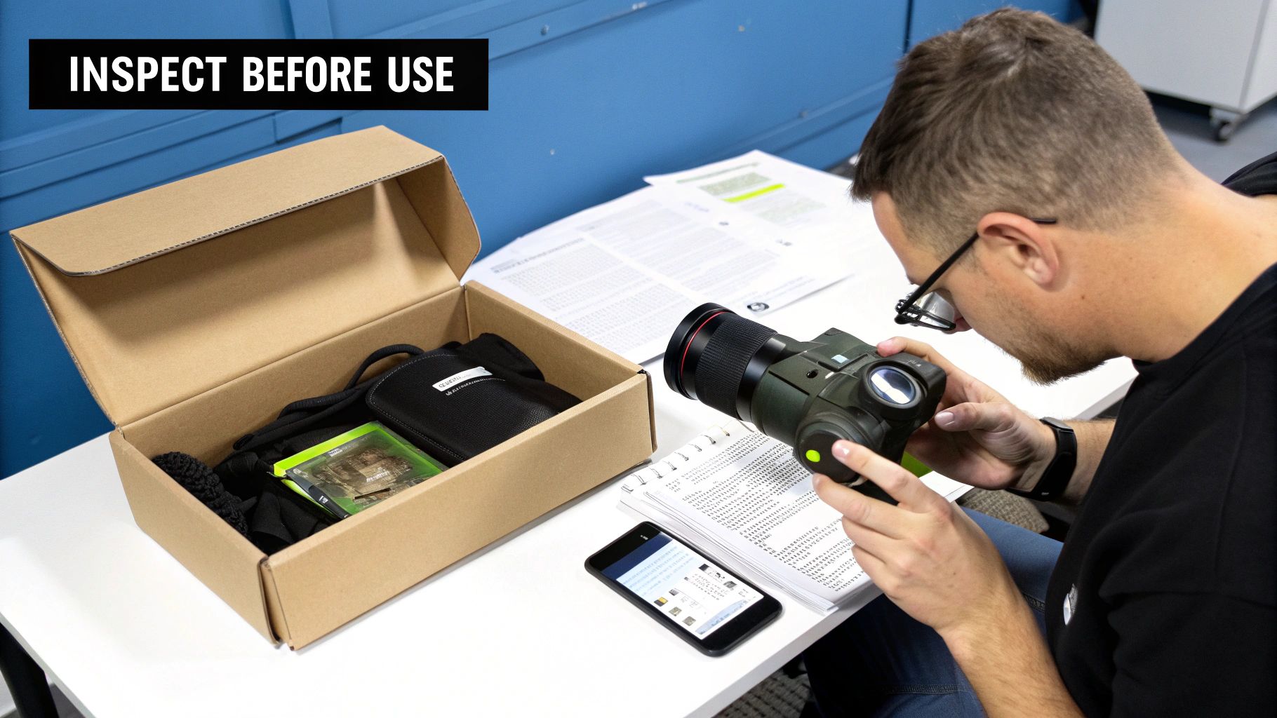 A man inspects a night vision device and accessories on a table, next to a 'Inspect Before Use' banner.