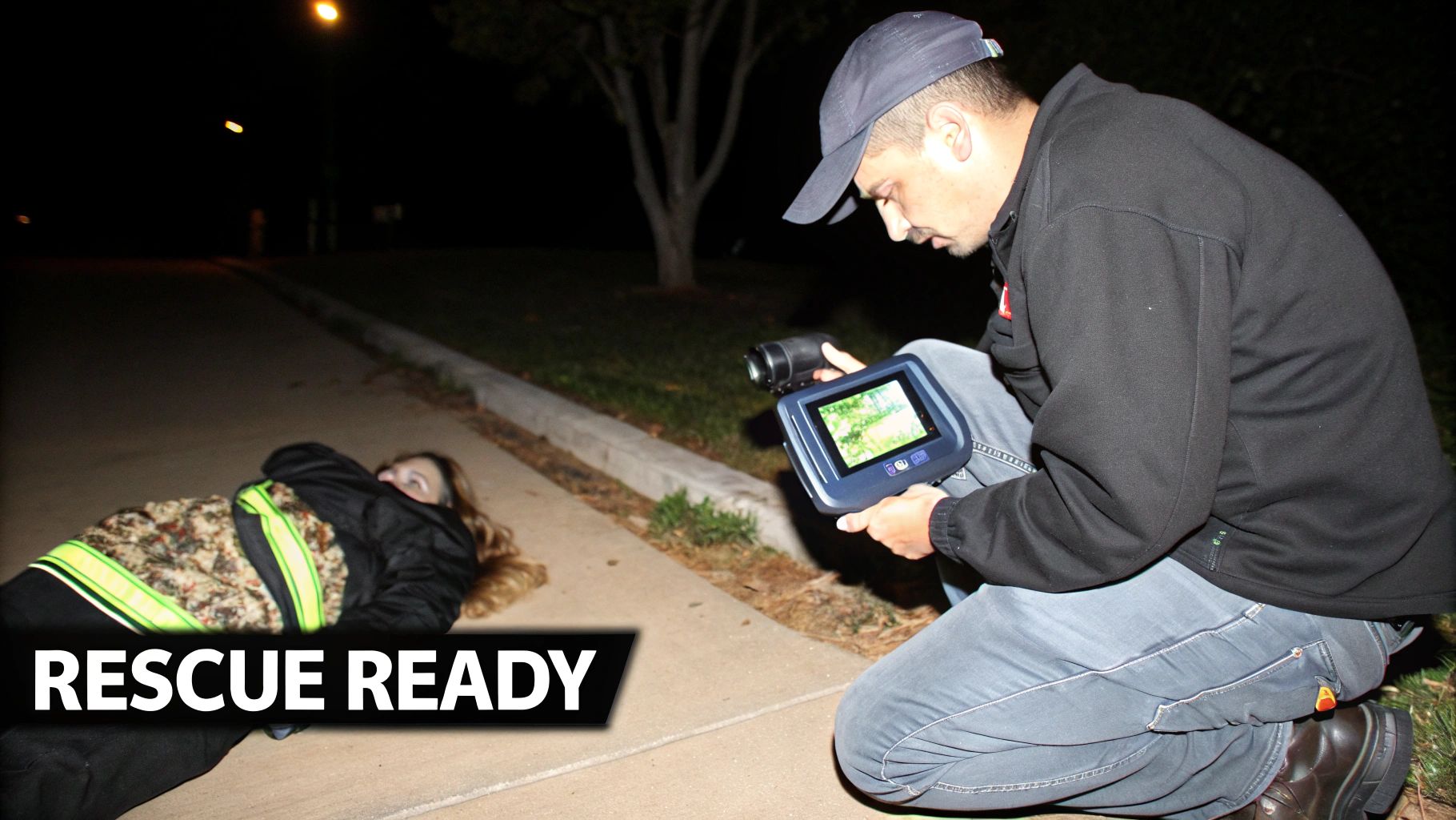 A man uses a thermal imaging device to scan a person lying on the ground at night.