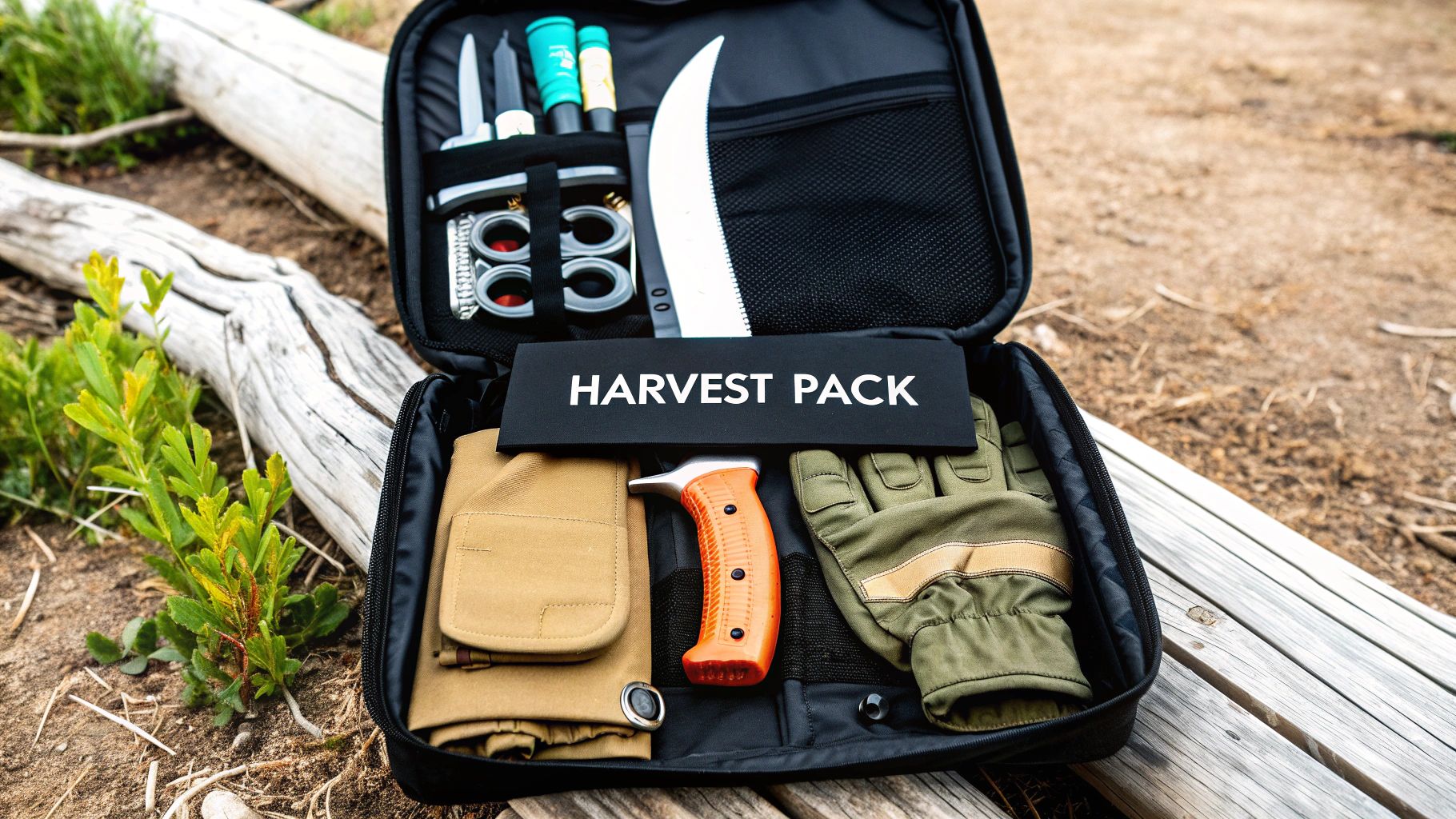 Hunter with a pack and gear for field processing