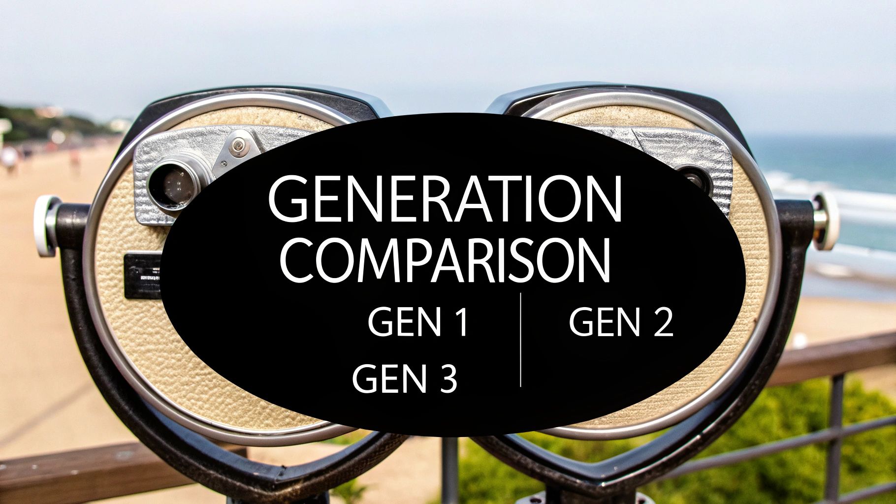 Coin-operated binoculars at a scenic beach with a black overlay displaying 'Generation Comparison: Gen 1, Gen 2, Gen 3'.
