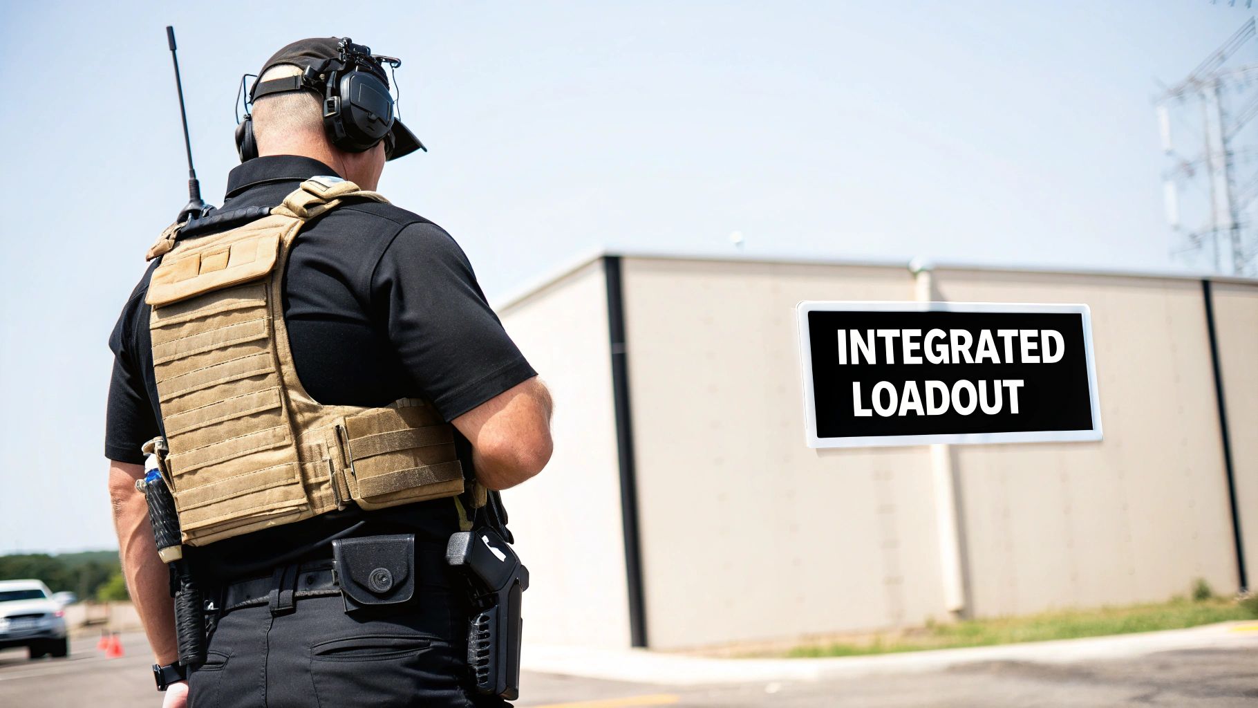 A law enforcement officer wearing a full tactical gear setup including a helmet, plate carrier, and communications headset