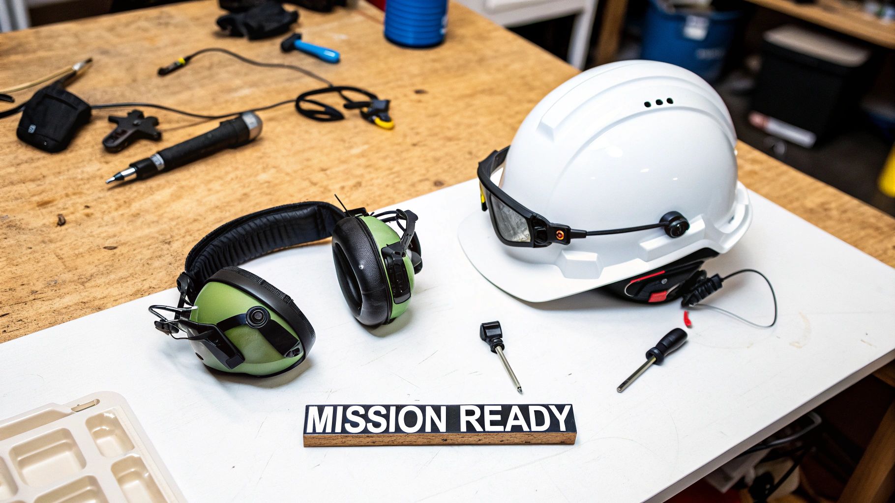 A white hard hat with safety glasses, green ear protection headphones, and various tools on a wooden table, alongside a 'MISSION READY' sign.