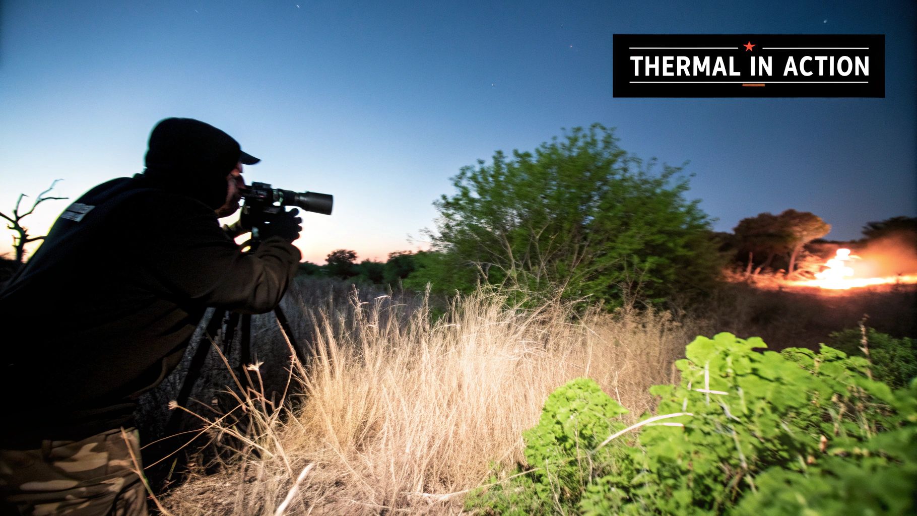 A person with a long lens on a tripod, observing a bright fiery glow at night.