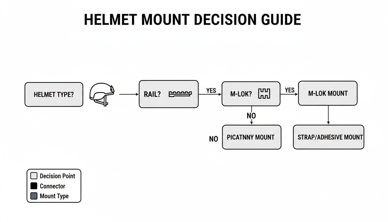 A flowchart detailing a helmet mount decision guide based on helmet type, rail, and M-LOK compatibility.