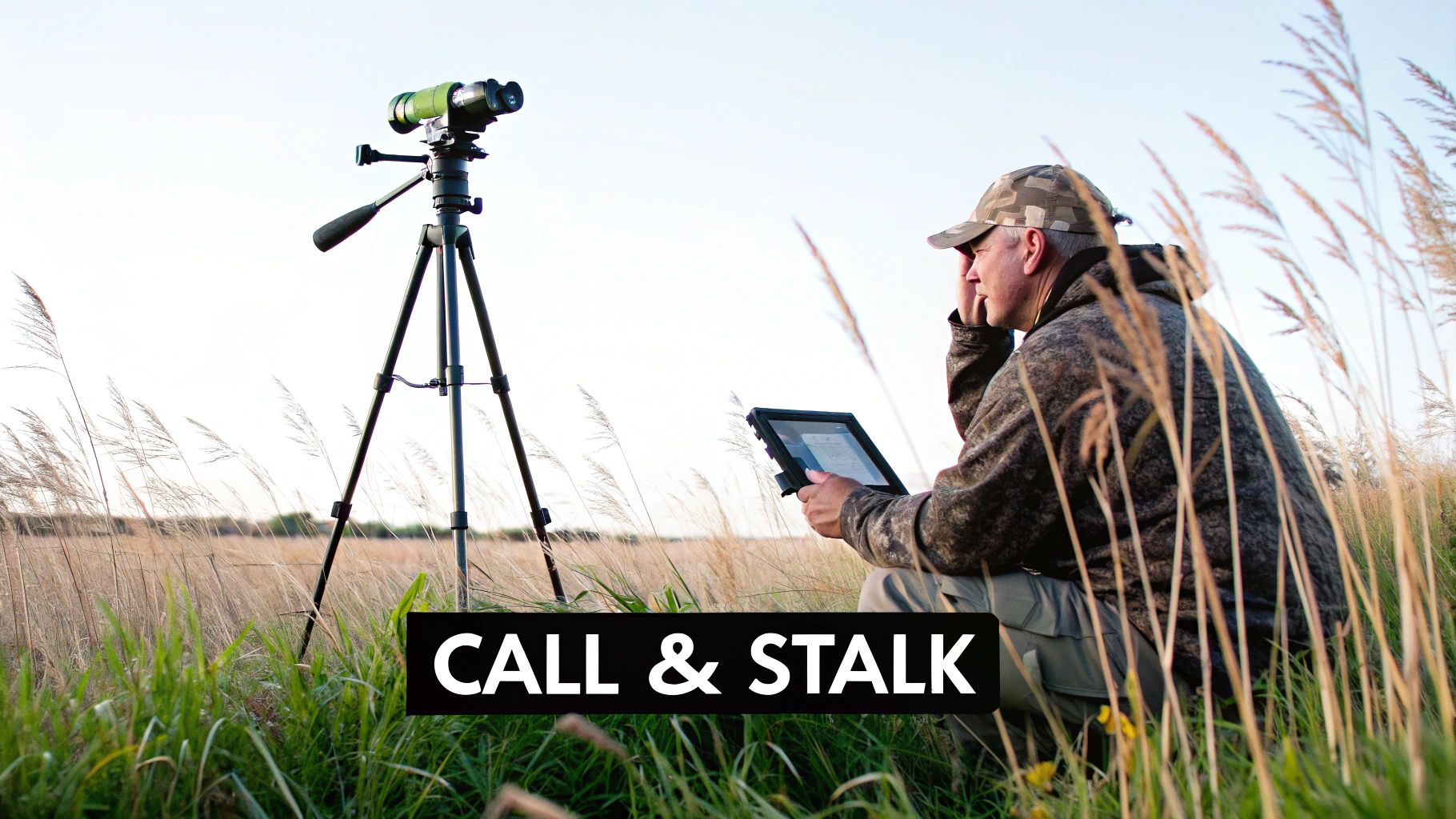 A hunter in camouflage uses a tablet, next to a spotting scope on a tripod in a field.
