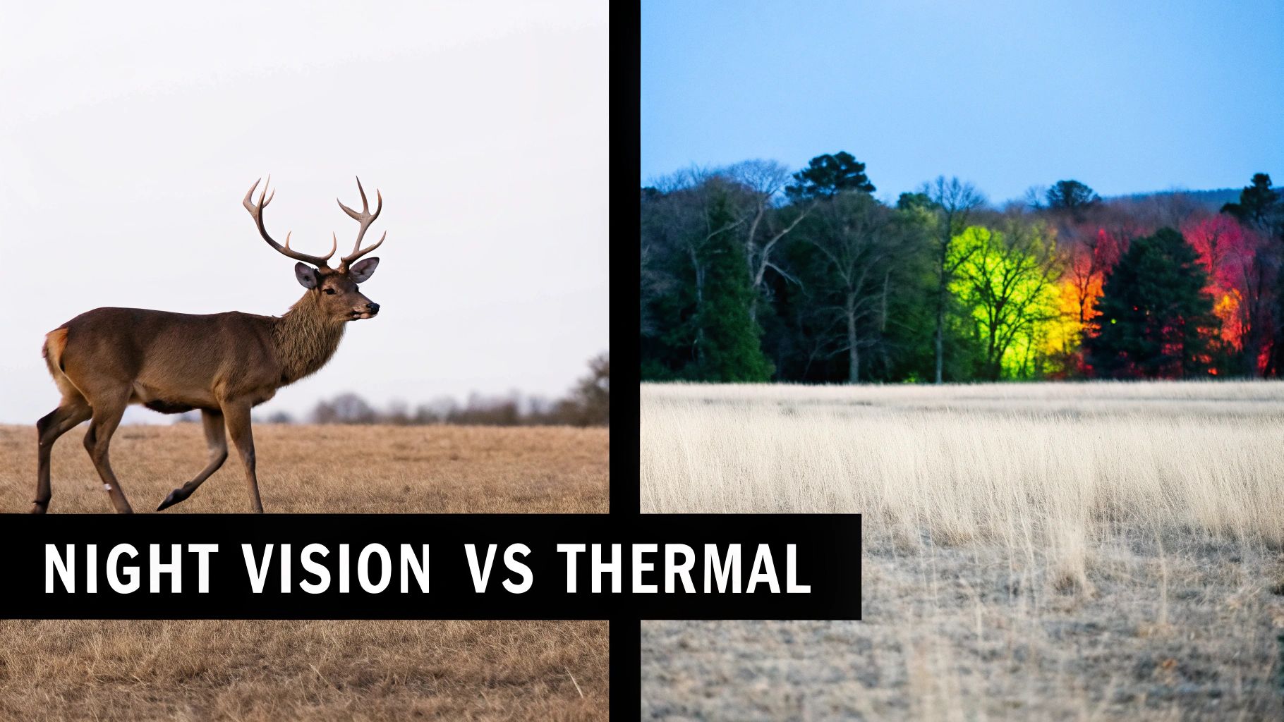 A split image comparing night vision, showing a deer, and thermal imaging, showing a colorful forest.