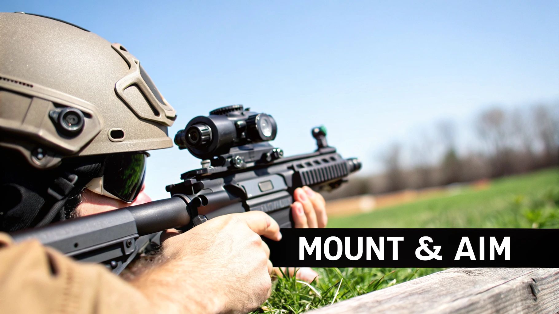 Tactical shooter aiming rifle with mounted scope and night vision equipment in prone position