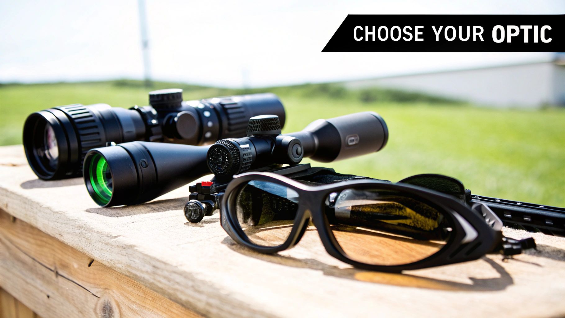 Two black rifle scopes and brown-tinted shooting glasses are displayed on a wooden surface outdoors.