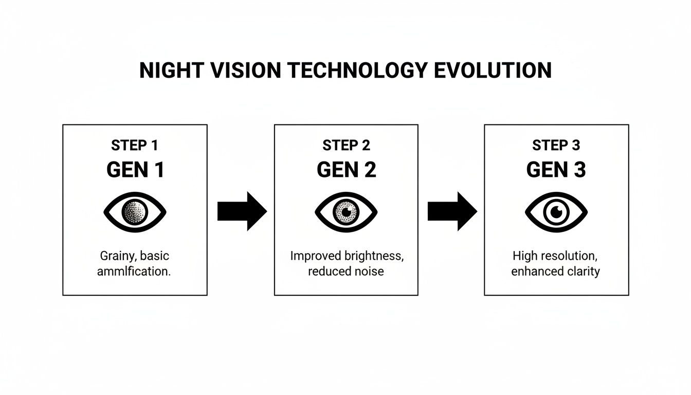 An infographic illustrating the evolution of night vision technology, showcasing Gen 1, Gen 2, and Gen 3 with their respective improvements.