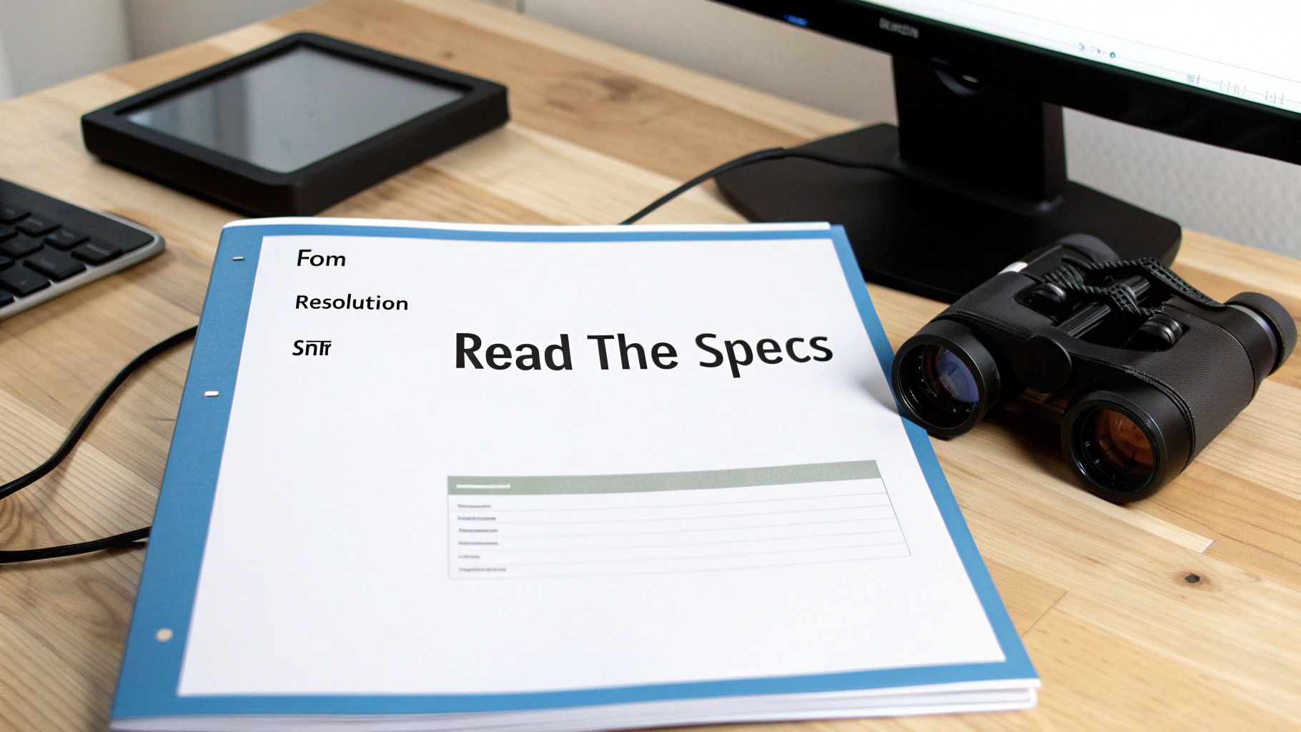 A document titled 'Read The Specs' on a wooden desk, accompanied by black binoculars.