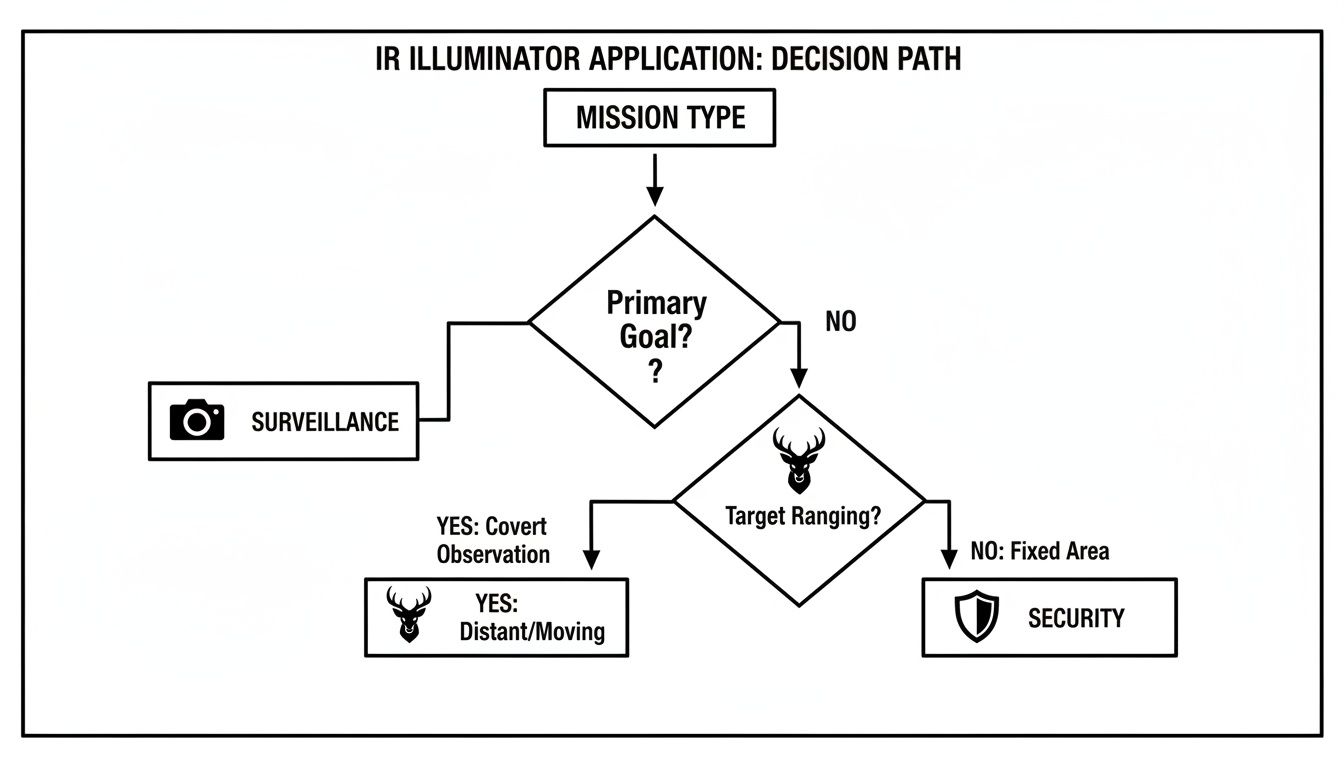 Flowchart illustrating the decision path for IR illuminator application, guiding choices for surveillance and security missions.