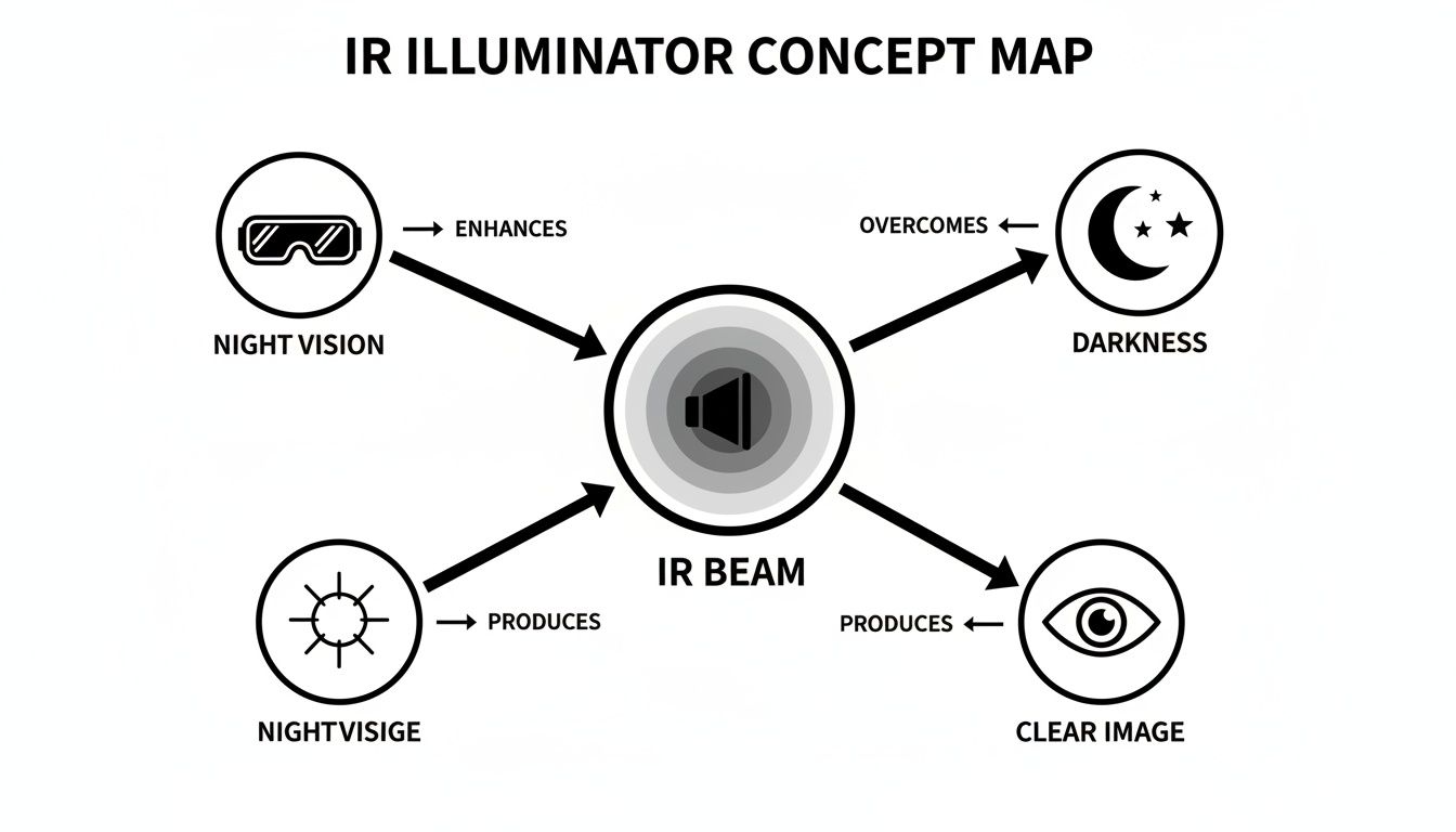 Concept map illustrating how an IR beam enhances night vision, overcomes darkness, and produces clear images.