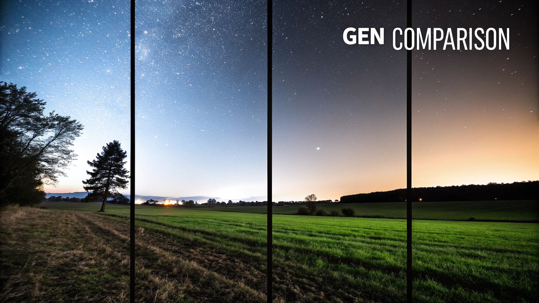 Multi-panel comparison of night skies and landscapes, showing varying light conditions from starry to twilight.