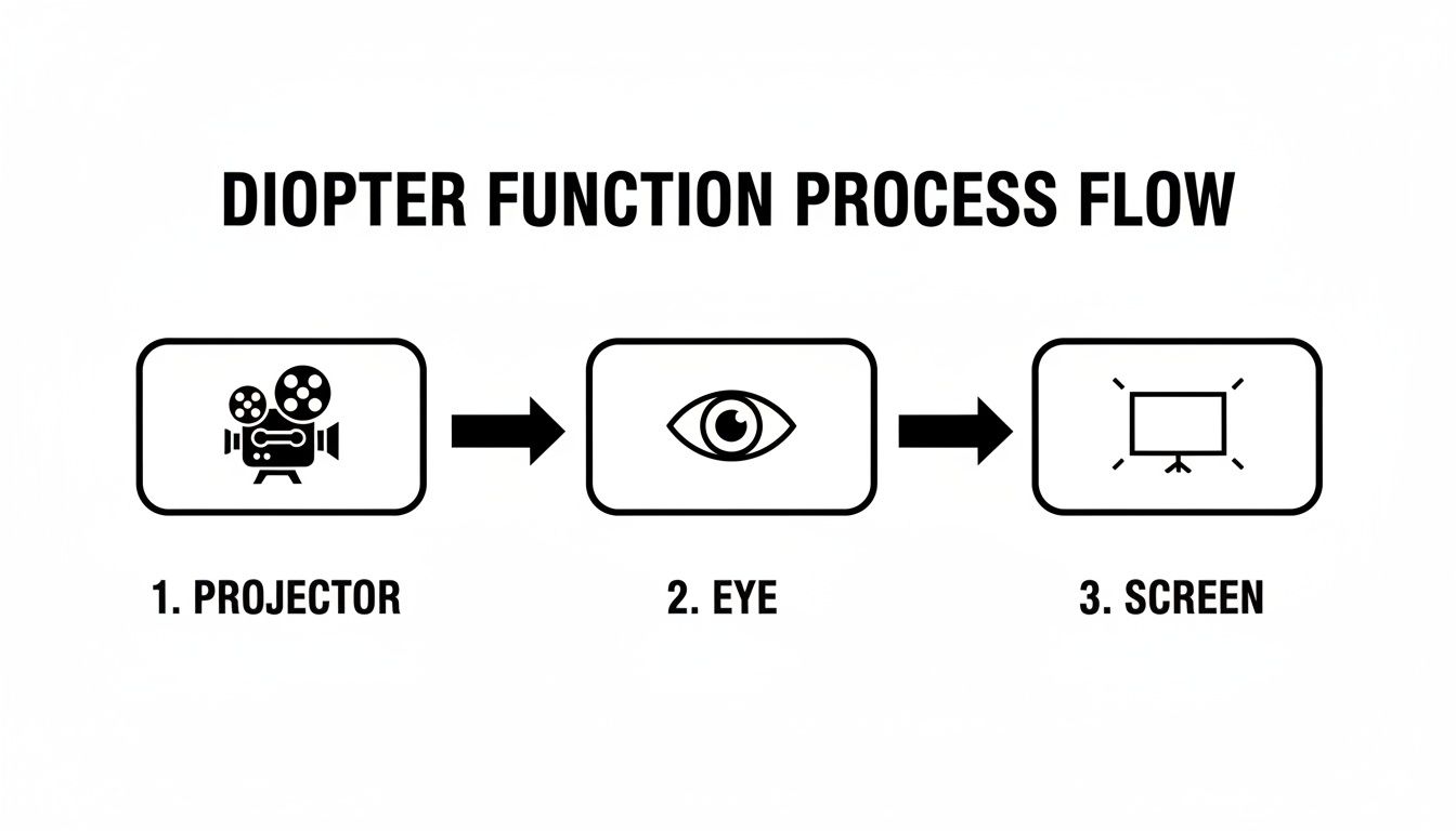Diopter function process flow diagram showing the sequence from projector to eye to screen.
