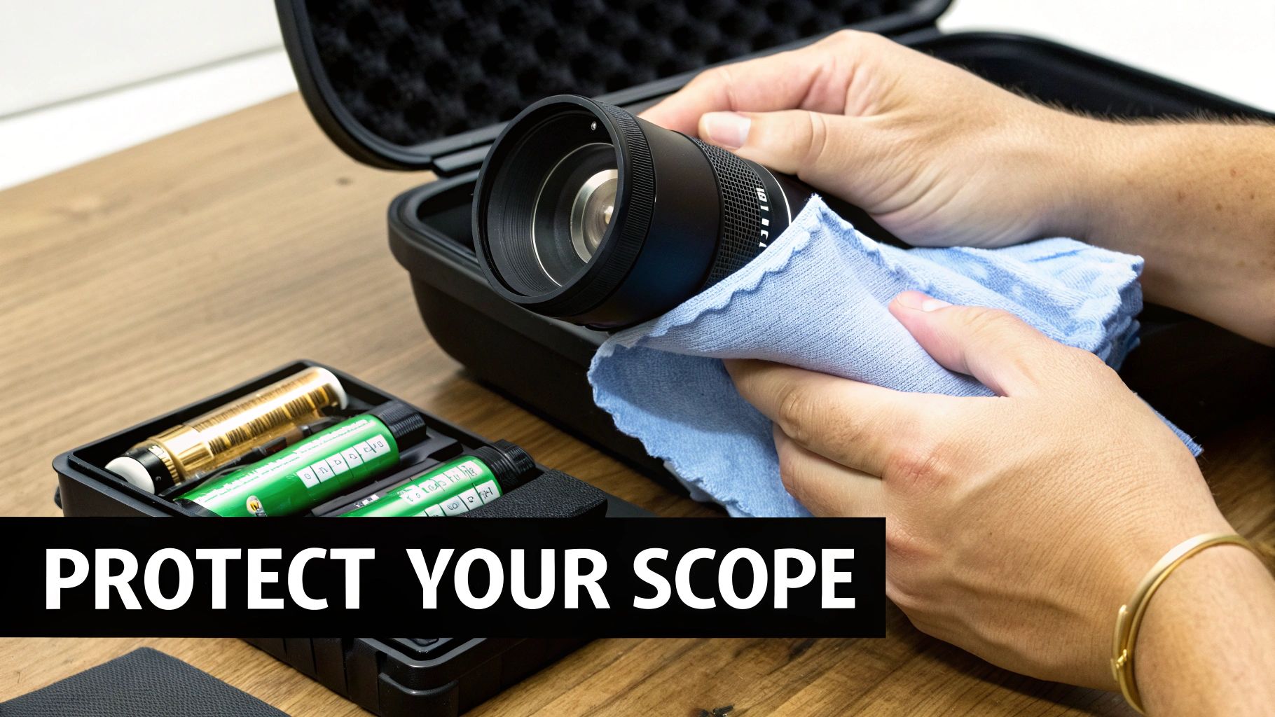 A person carefully cleaning the lens of a night vision scope gen 3 with a microfiber cloth