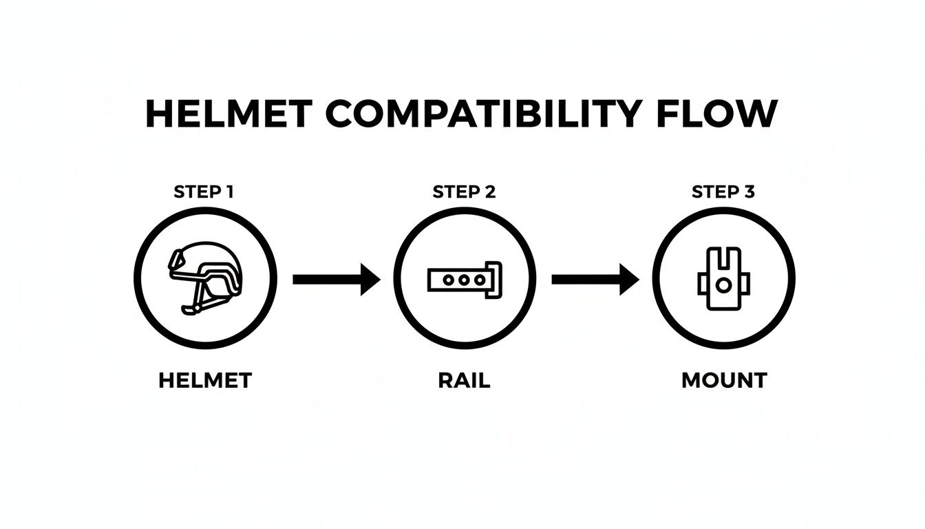 Flowchart showing three steps for helmet compatibility: helmet, rail, and mount, with arrows indicating the sequence.