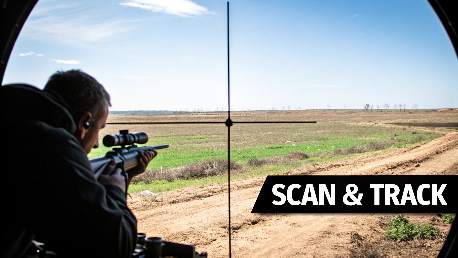 A person aims a scoped rifle across a vast open field, with a 'Scan & Track' overlay.