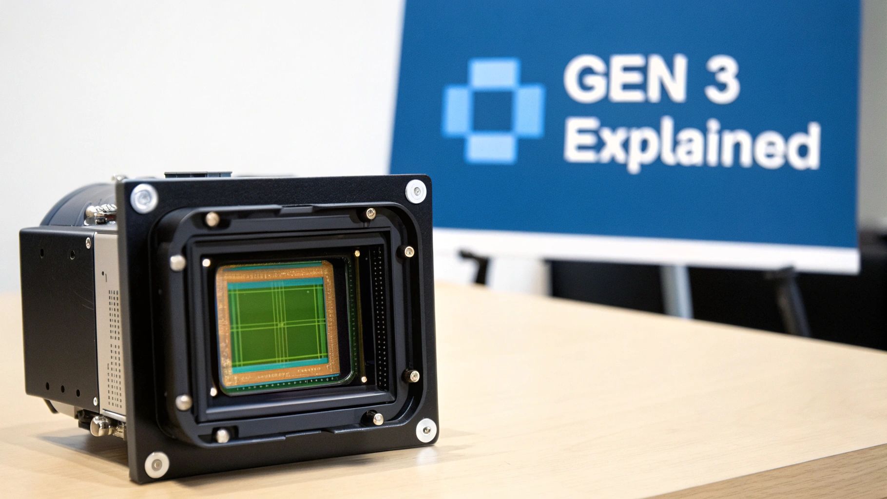 A high-tech camera module with an exposed sensor showing a green grid pattern on a wooden table.