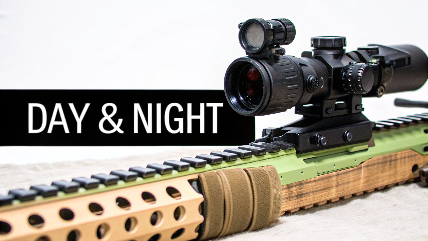 A rifle equipped with a large scope, a red dot sight, and a Picatinny rail, featuring 'DAY & NIGHT' text.