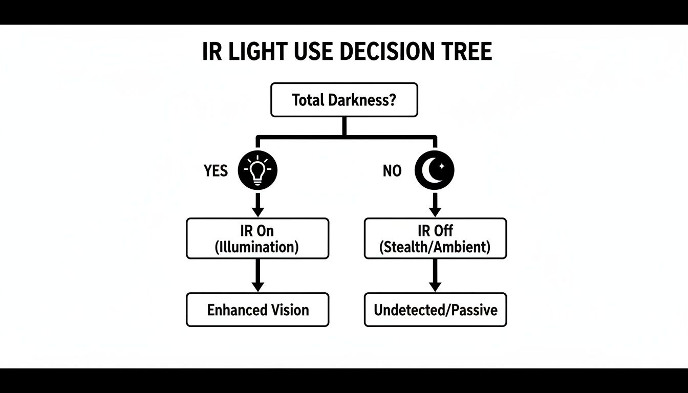 A decision tree diagram for IR light use, guiding when to turn IR on or off based on darkness.