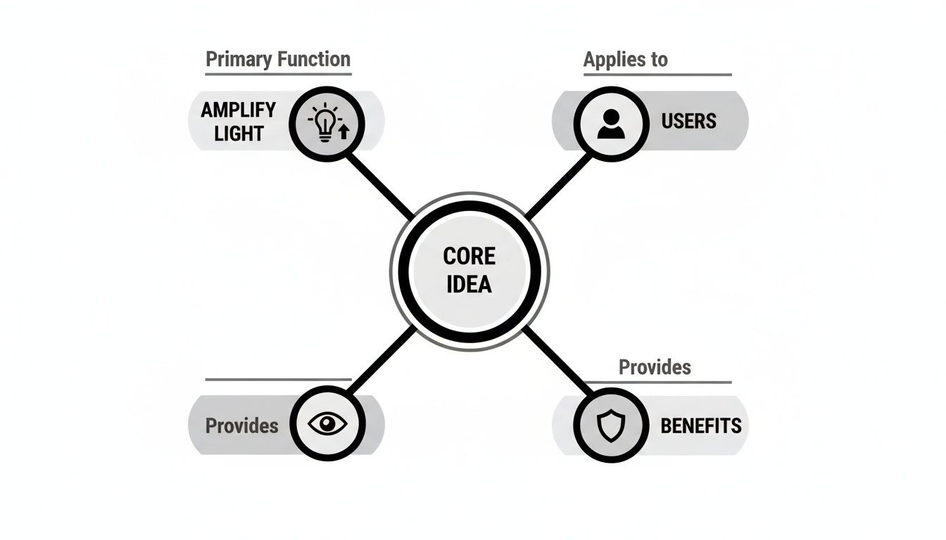 A black and white diagram outlining a core idea, its primary function to amplify light, applicable users, and provided benefits, including enhanced vision.