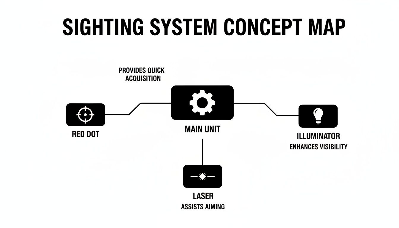 Diagram of a sighting system with a main unit connecting to red dot, illuminator, and laser components.