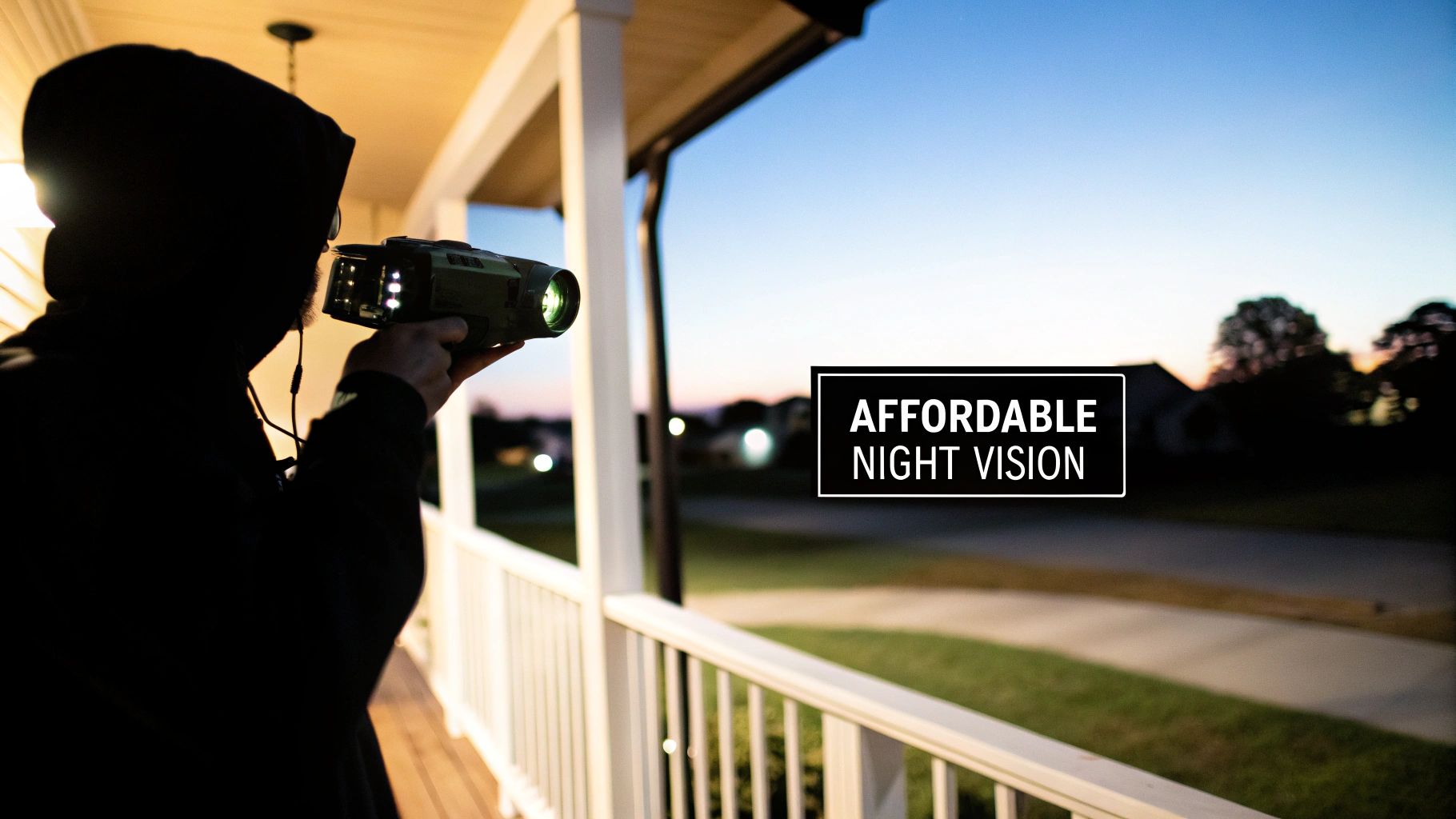 A person in a dark hooded top uses a night vision monocular from a porch at dusk.