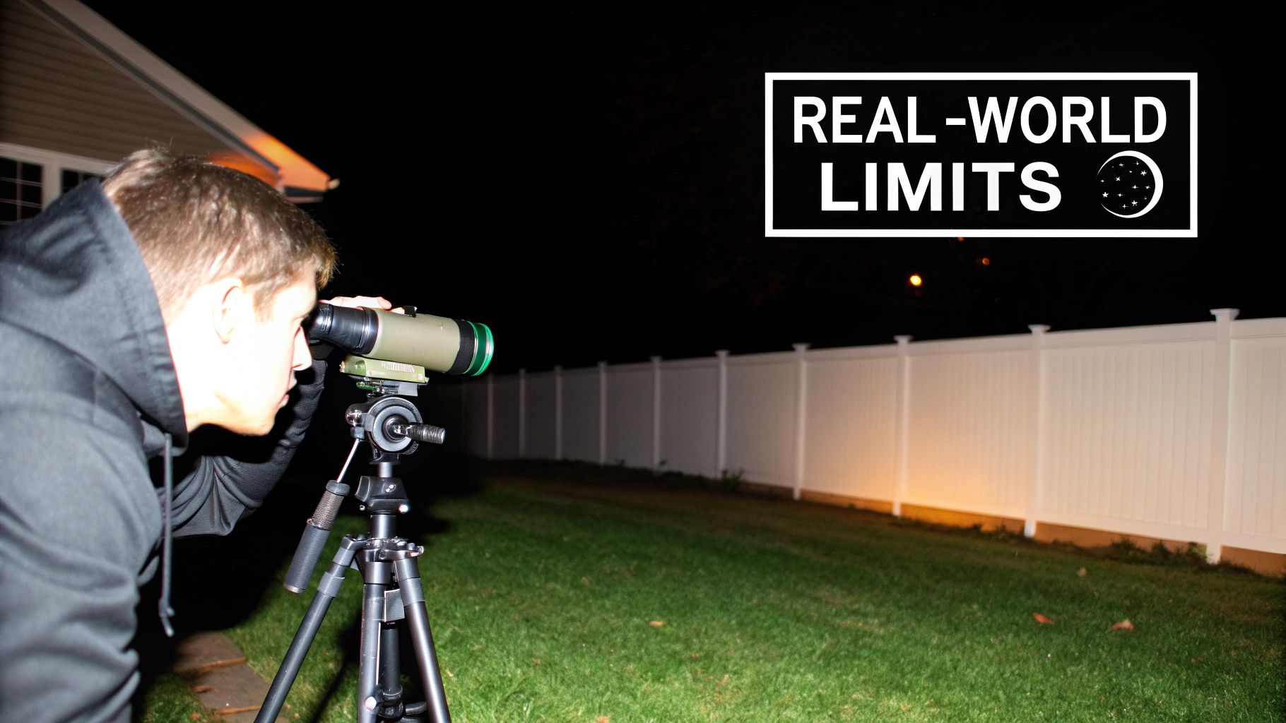 A person looks through a spotting scope on a tripod at night in a backyard.